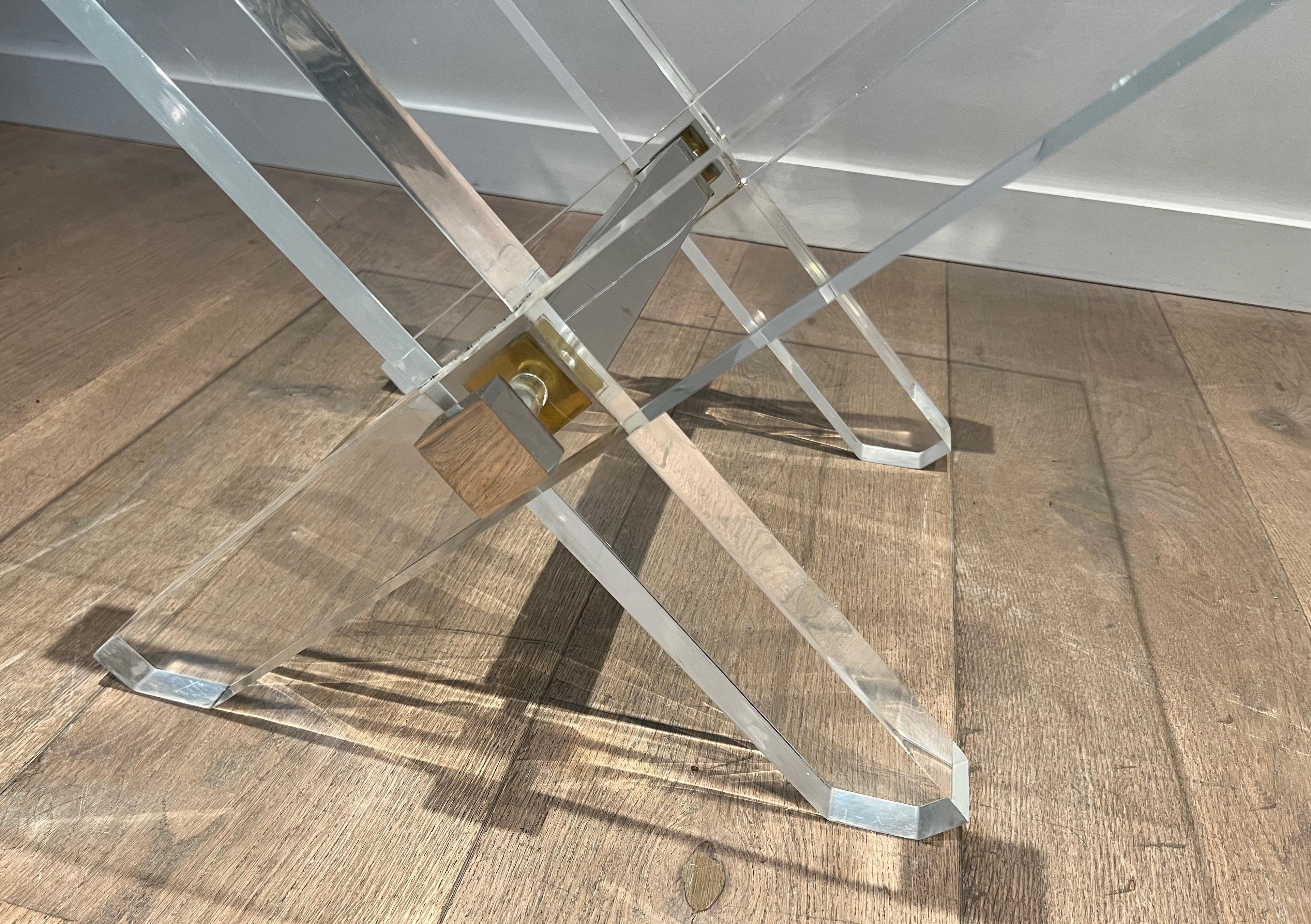 Pair of X Lucite and Chrome Side Tables with Glass Shelves on Top For Sale 7