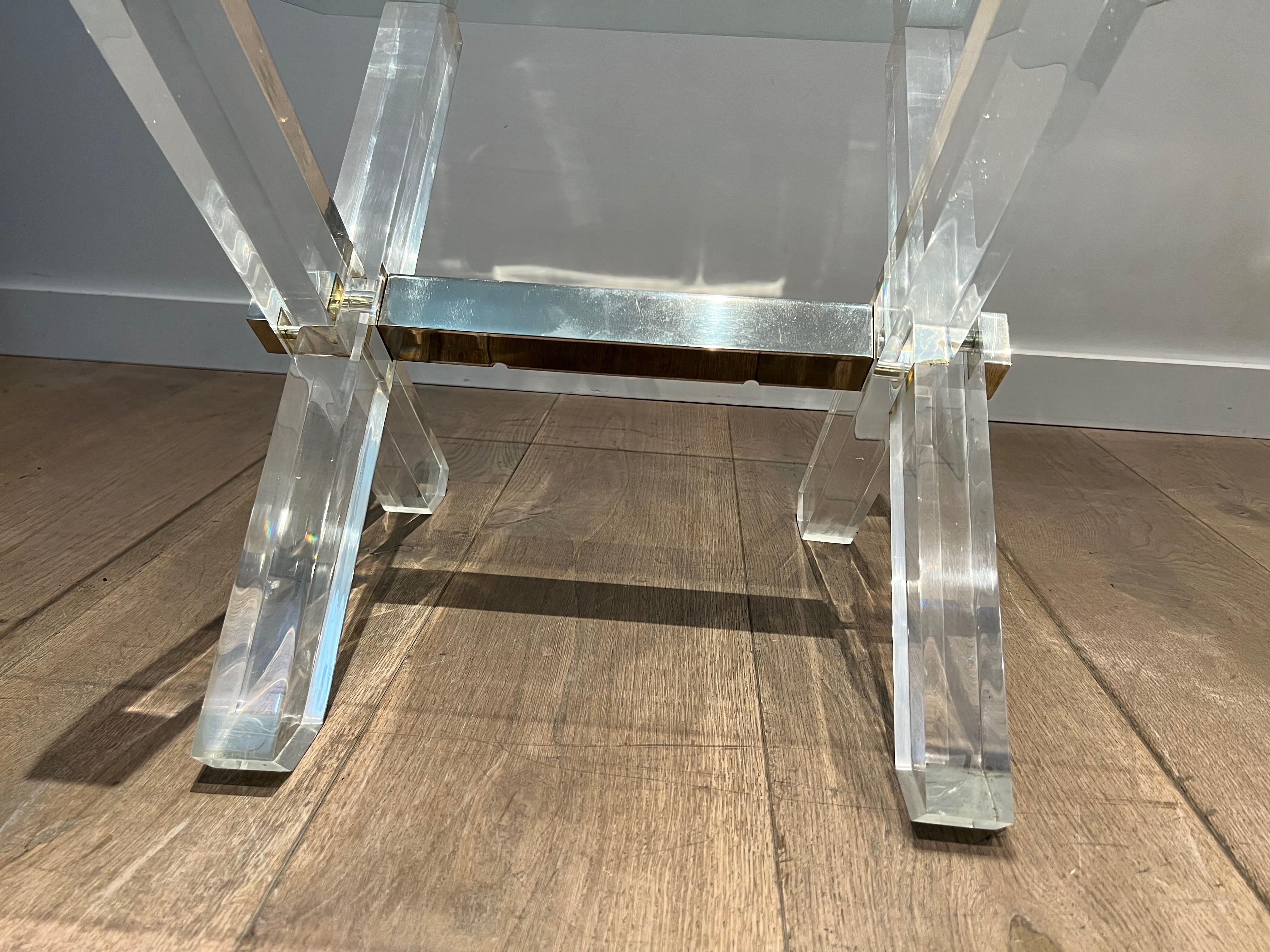 Pair of X Lucite and Chrome Side Tables with Glass Shelves on Top For Sale 8