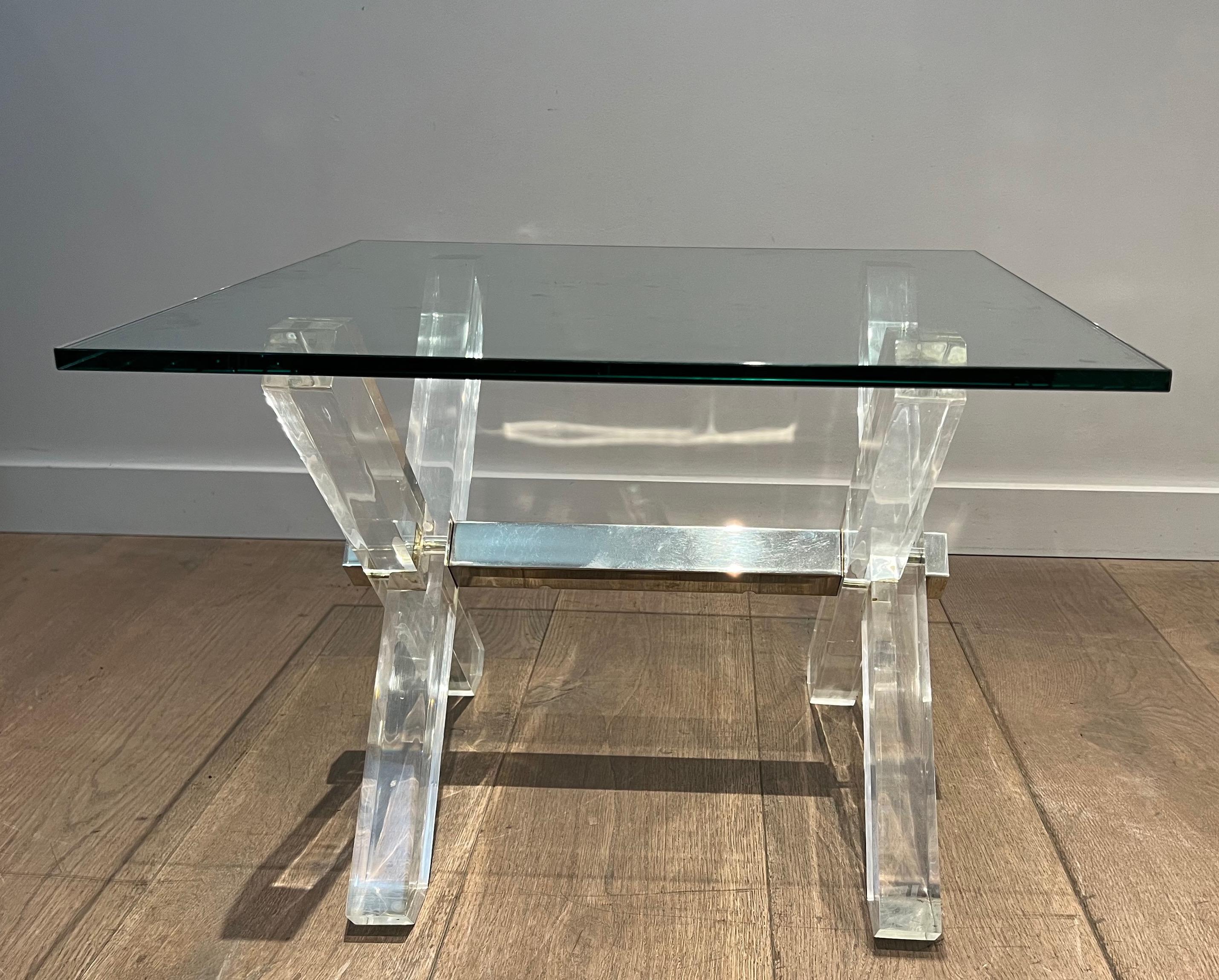 Pair of X Lucite and Chrome Side Tables with Glass Shelves on Top For Sale 9