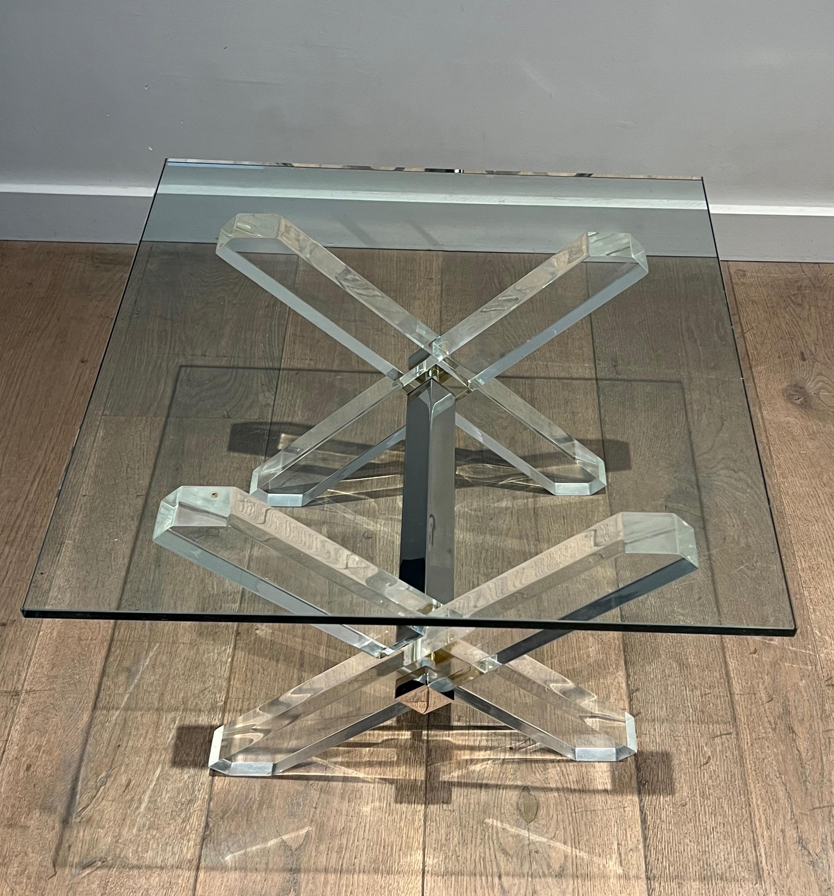 Pair of X Lucite and Chrome Side Tables with Glass Shelves on Top For Sale 10