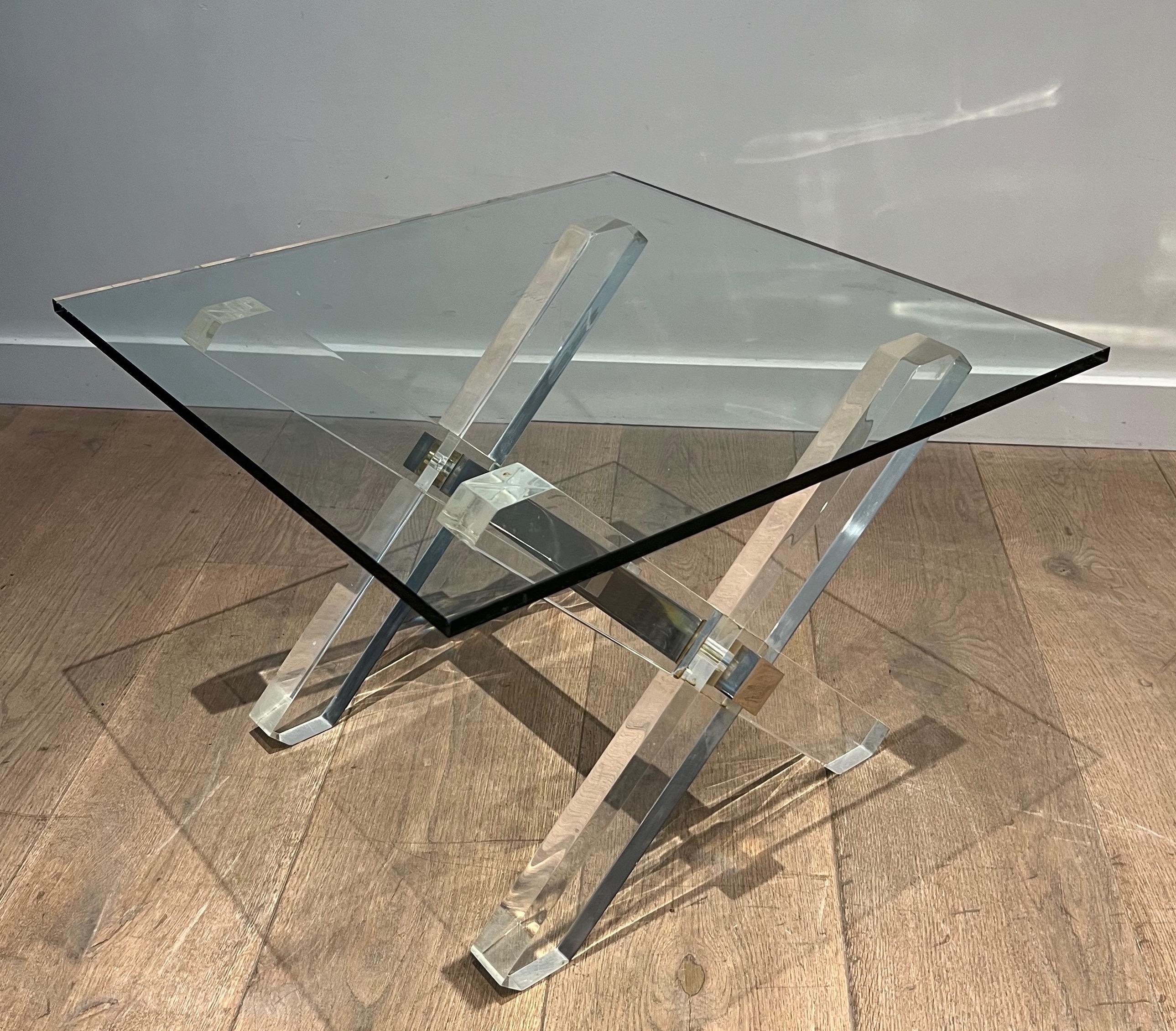 Pair of X Lucite and Chrome Side Tables with Glass Shelves on Top For Sale 11