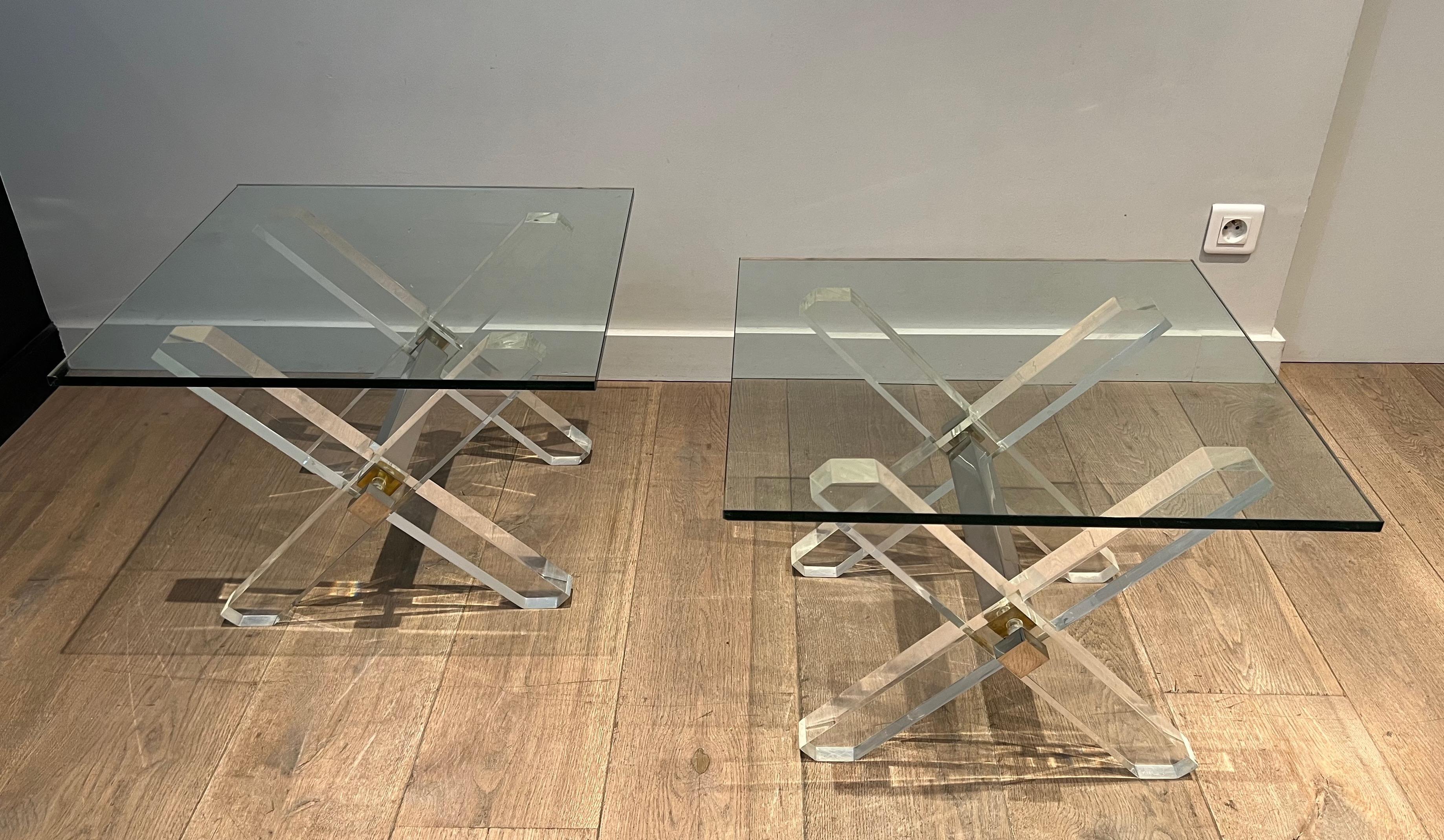 Pair of X Lucite and Chrome Side Tables with Glass Shelves on Top For Sale 12