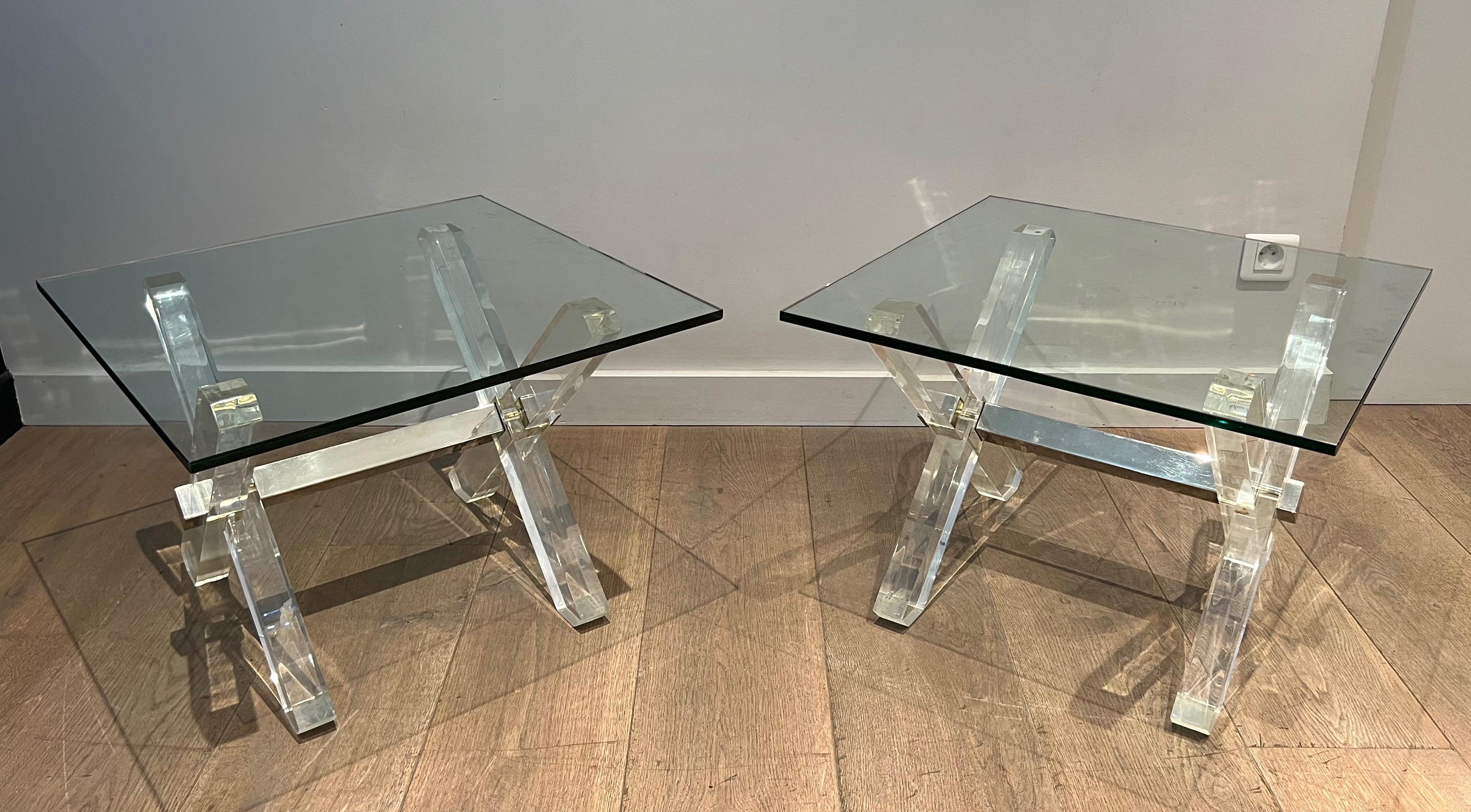 Pair of X Lucite and Chrome Side Tables with Glass Shelves on Top For Sale 13