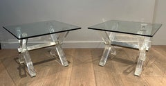 Pair of X Lucite and Chrome Side Tables with Glass Shelves on Top