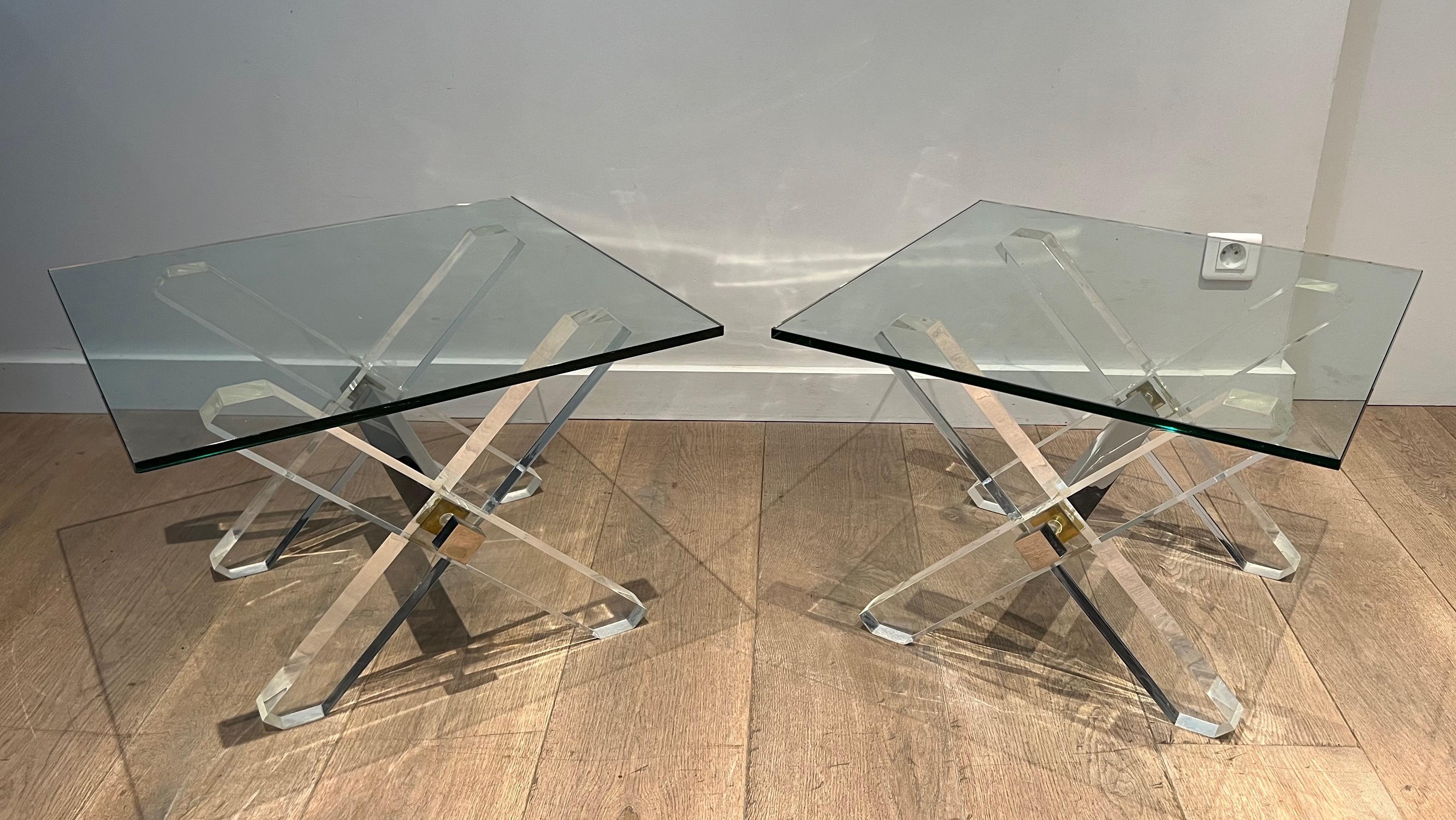 Pair of X Lucite and Chrome Side Tables with Glass Shelves on Top For Sale 14