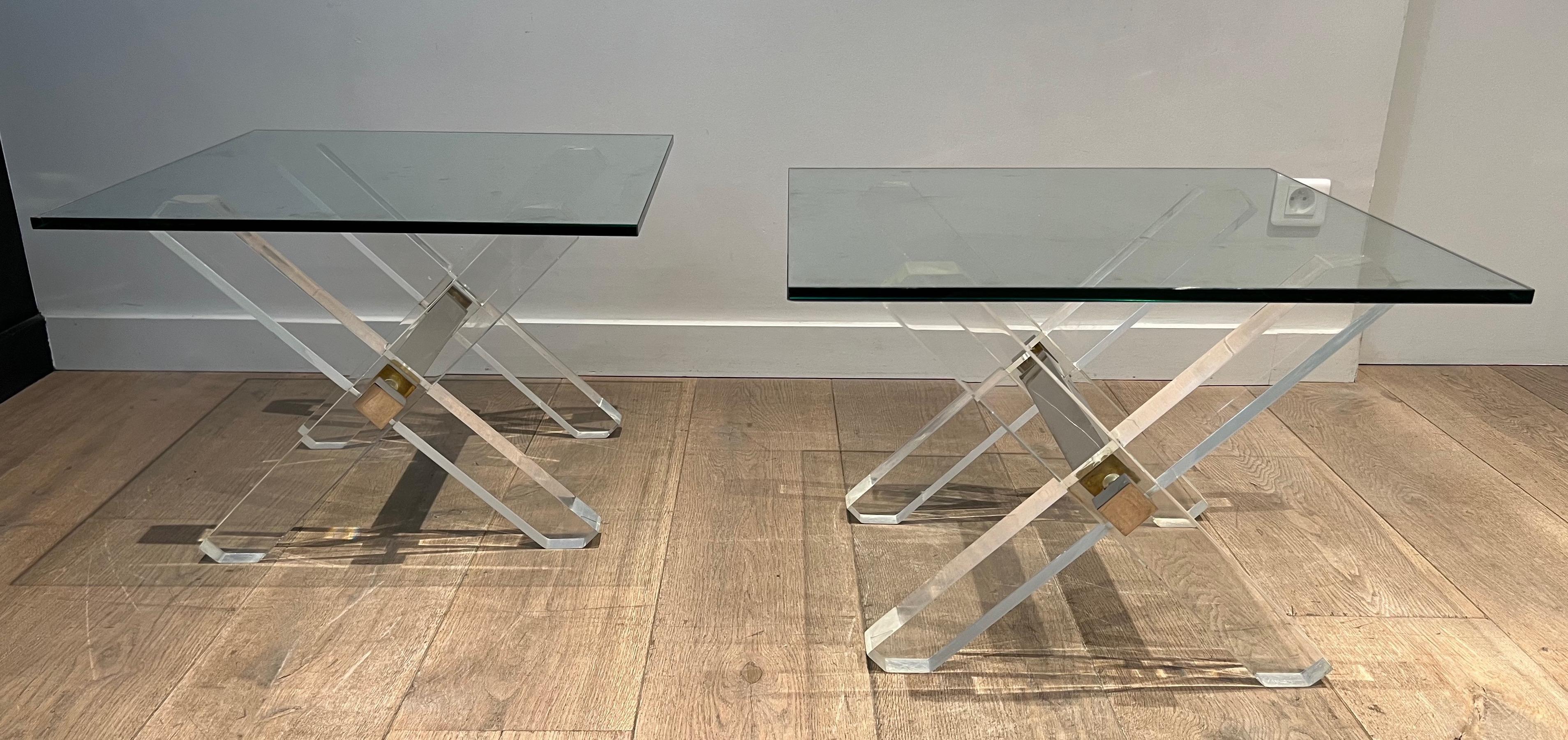 Mid-Century Modern Pair of X Lucite and Chrome Side Tables with Glass Shelves on Top For Sale