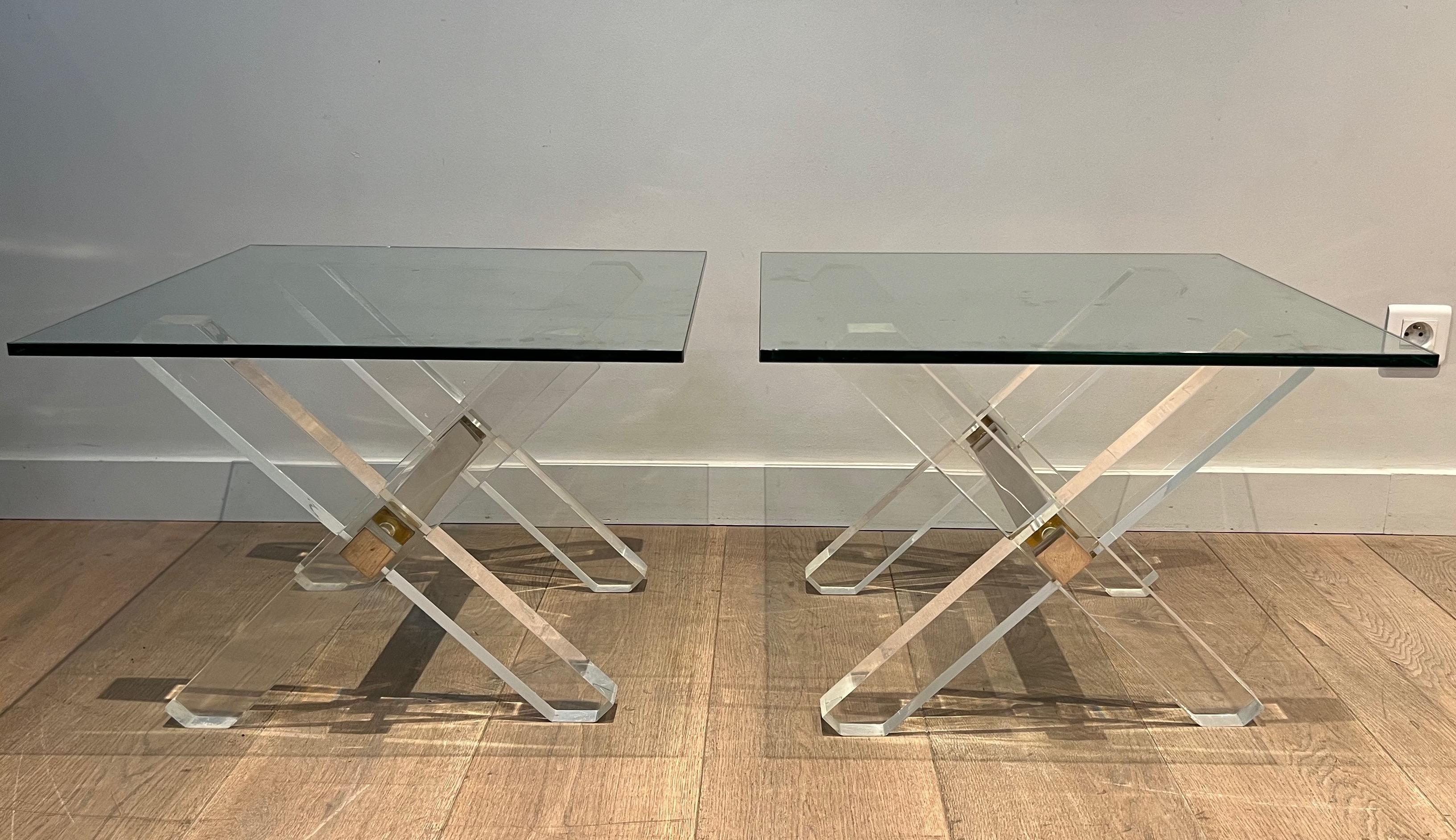 French Pair of X Lucite and Chrome Side Tables with Glass Shelves on Top For Sale