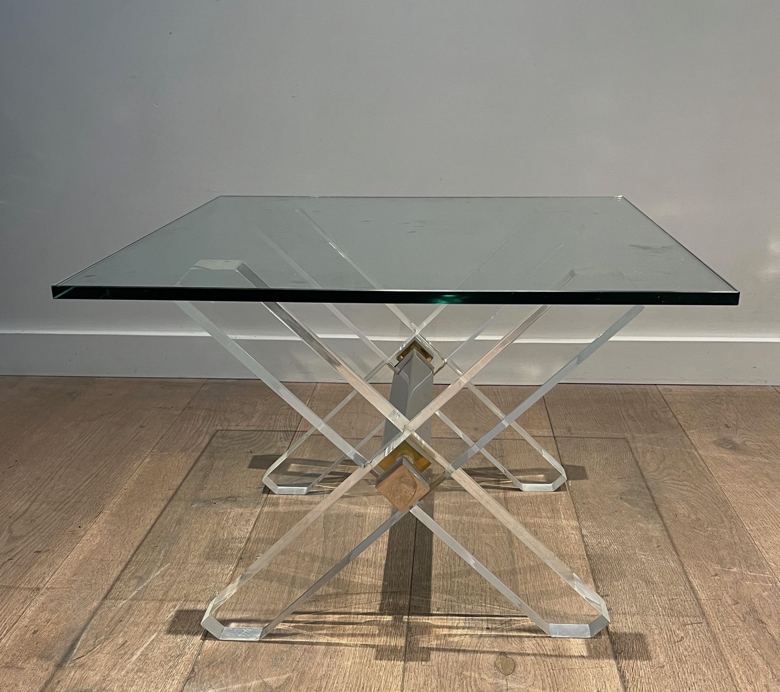 Late 20th Century Pair of X Lucite and Chrome Side Tables with Glass Shelves on Top For Sale