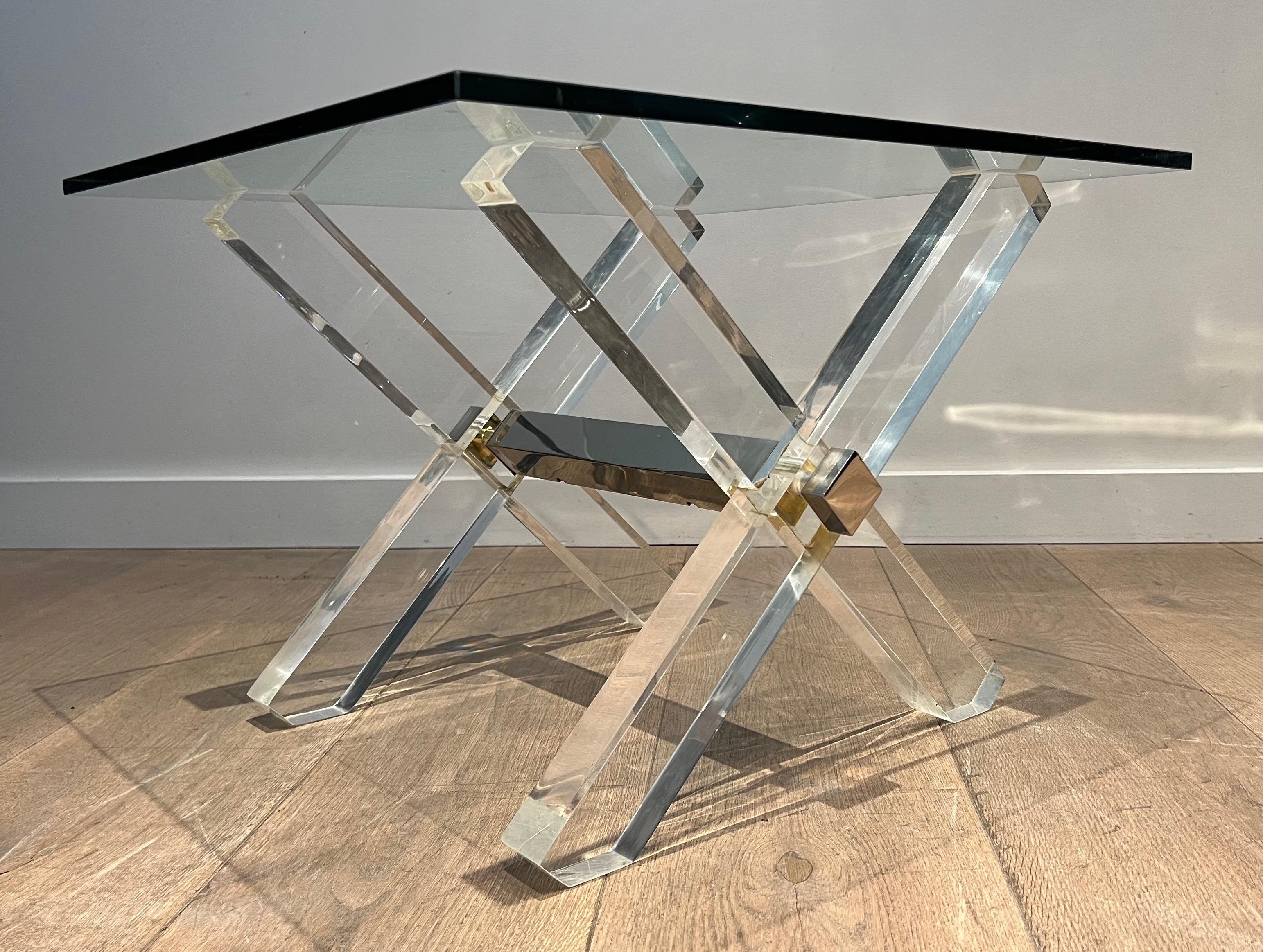 Pair of X Lucite and Chrome Side Tables with Glass Shelves on Top For Sale 1