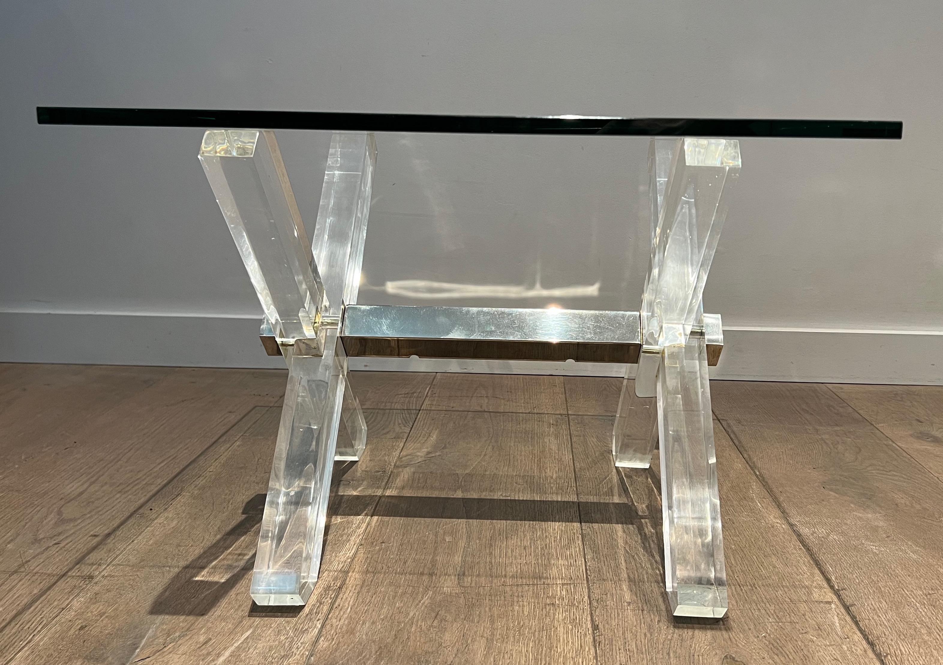 Pair of X Lucite and Chrome Side Tables with Glass Shelves on Top For Sale 2