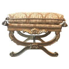 Pair of X-Shaped Silver Leaf Benches or Footstools with New Custom Upholstery