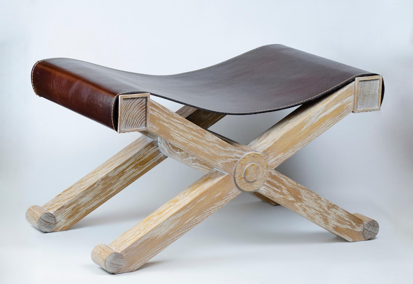Pair of cross-shaped sanded oak stools with brown leather seat made by Paul Dupré-Lafon (1900 - 1971)

France, CIRCA 1930.
