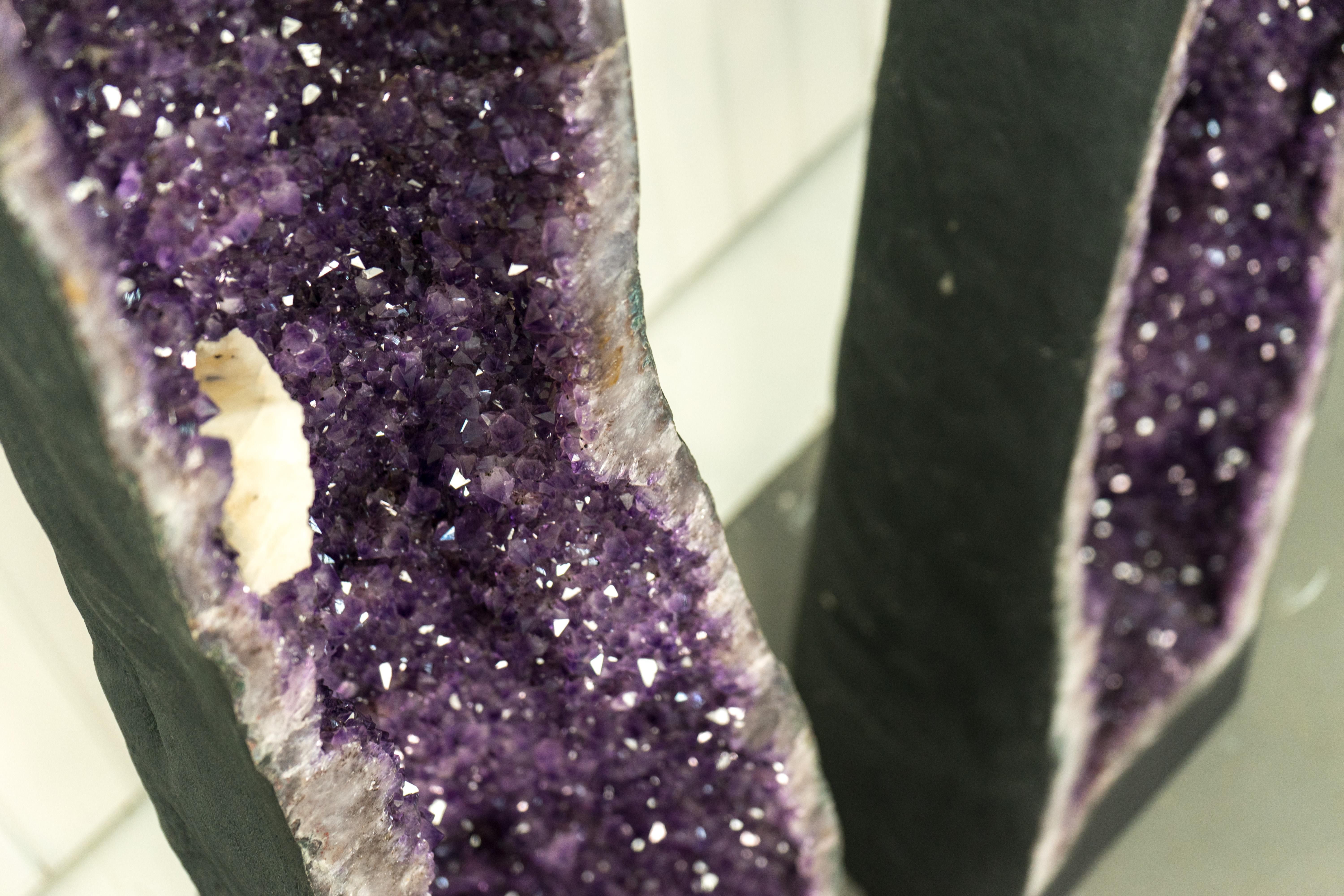 Pair of X-Tall 5.5 Ft Amethyst Cathedral Geodes with Shiny Lavender Purple Druzy For Sale 6