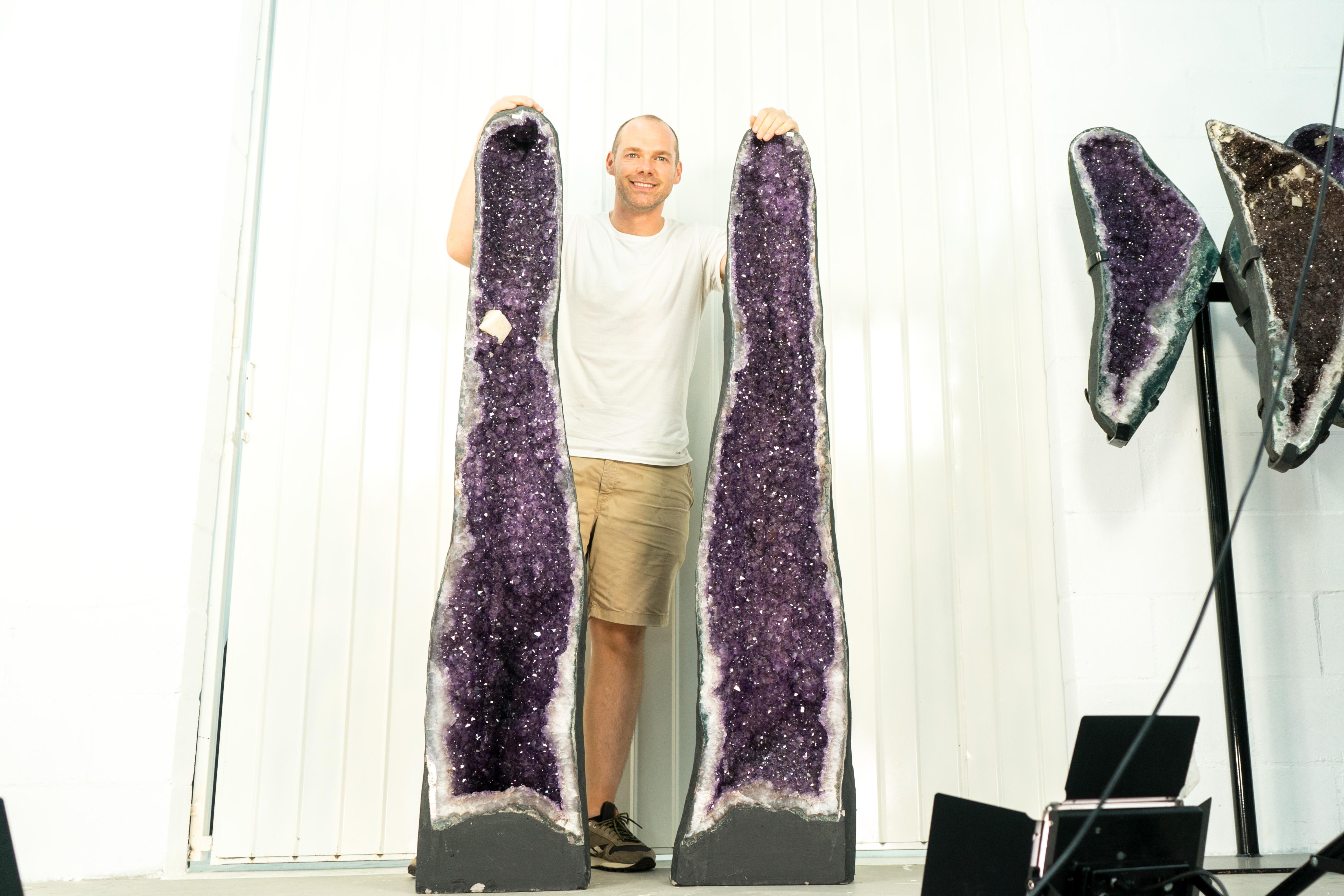 Pair of X-Tall Large Amethyst Geodes, Lavender Purple, Filled with Sparkly Amethyst Druzy

▫️ Description

A book-matched pair of Amethyst Geodes showcases gorgeous characteristics such as their beautiful aesthetics, shiny druzy surfaces, vibrant