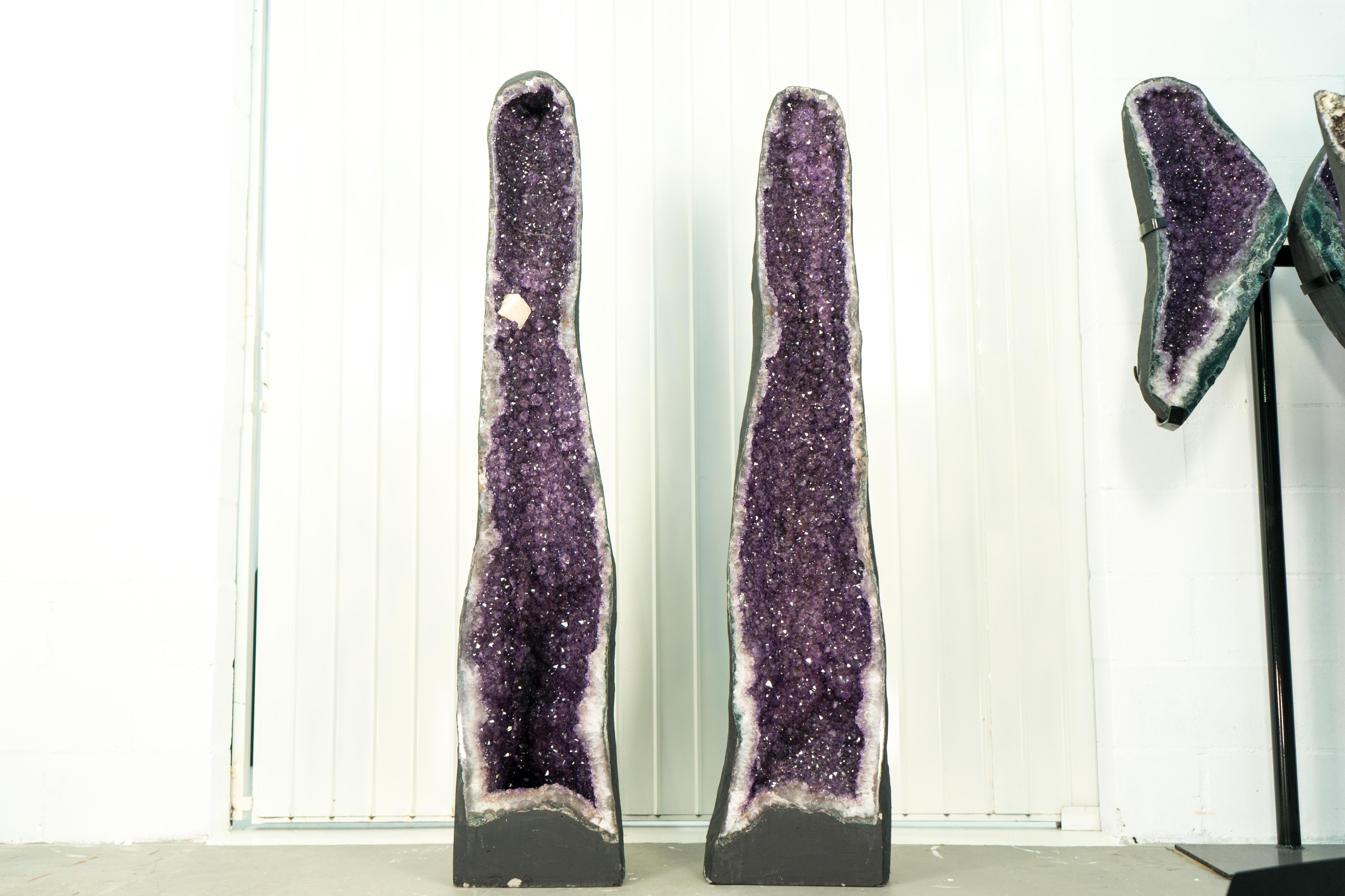 Brazilian Pair of X-Tall 5.5 Ft Amethyst Cathedral Geodes with Shiny Lavender Purple Druzy For Sale