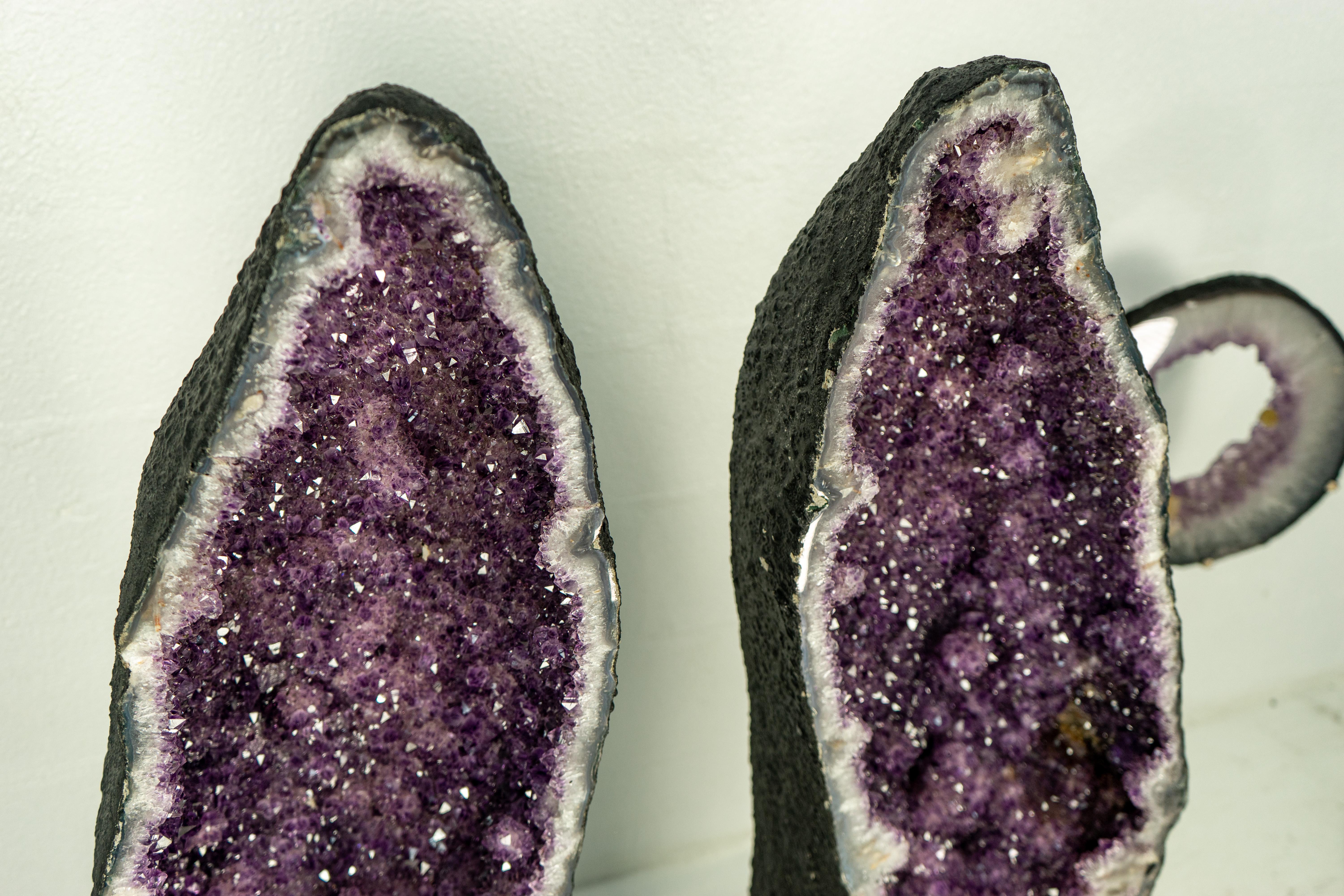 Pair of X-Tall Amethyst Cathedral Geodes with Rare Flower Rosettes For Sale 5