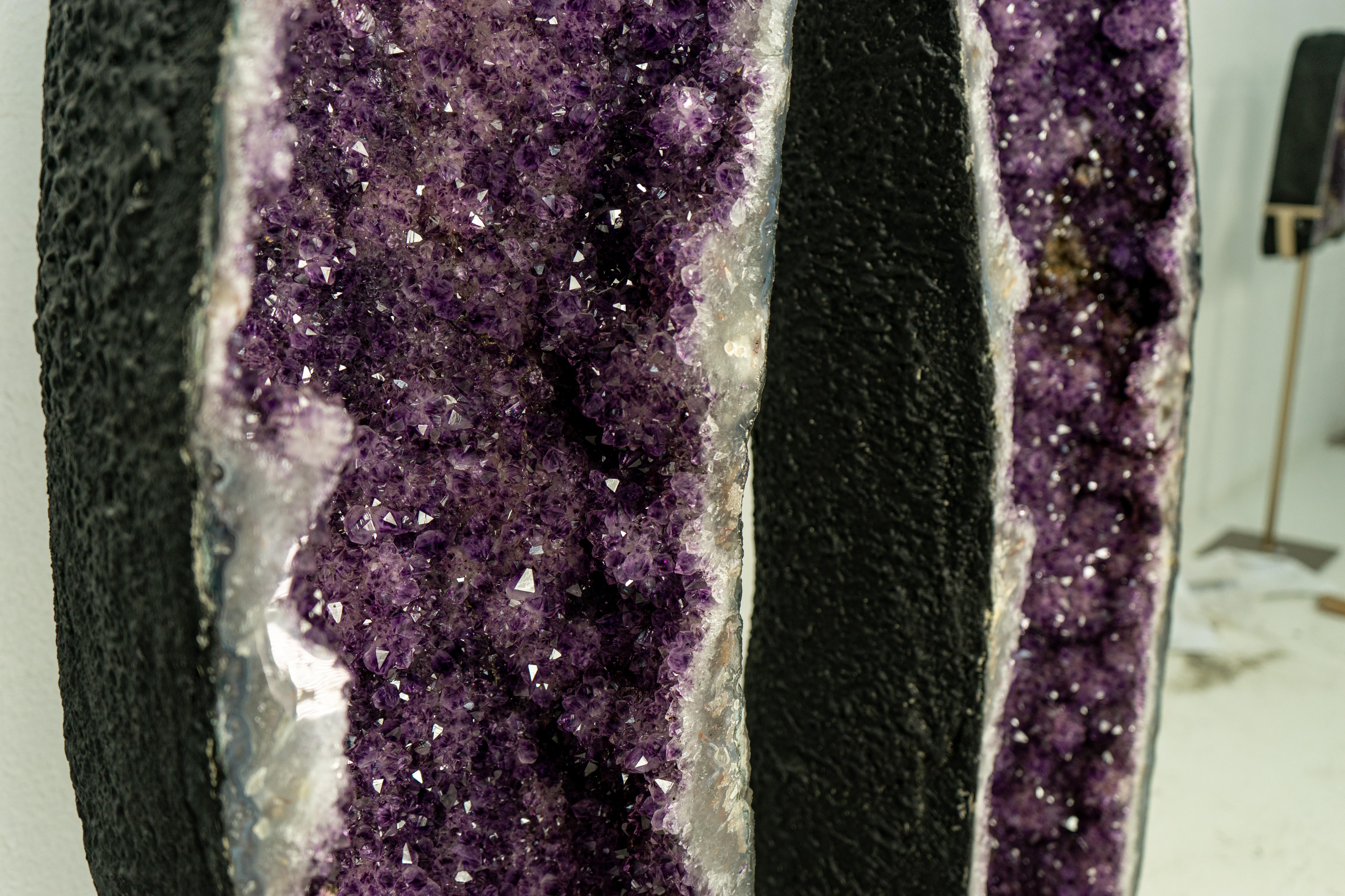 Pair of X-Tall Amethyst Cathedral Geodes with Rare Flower Rosettes For Sale 6