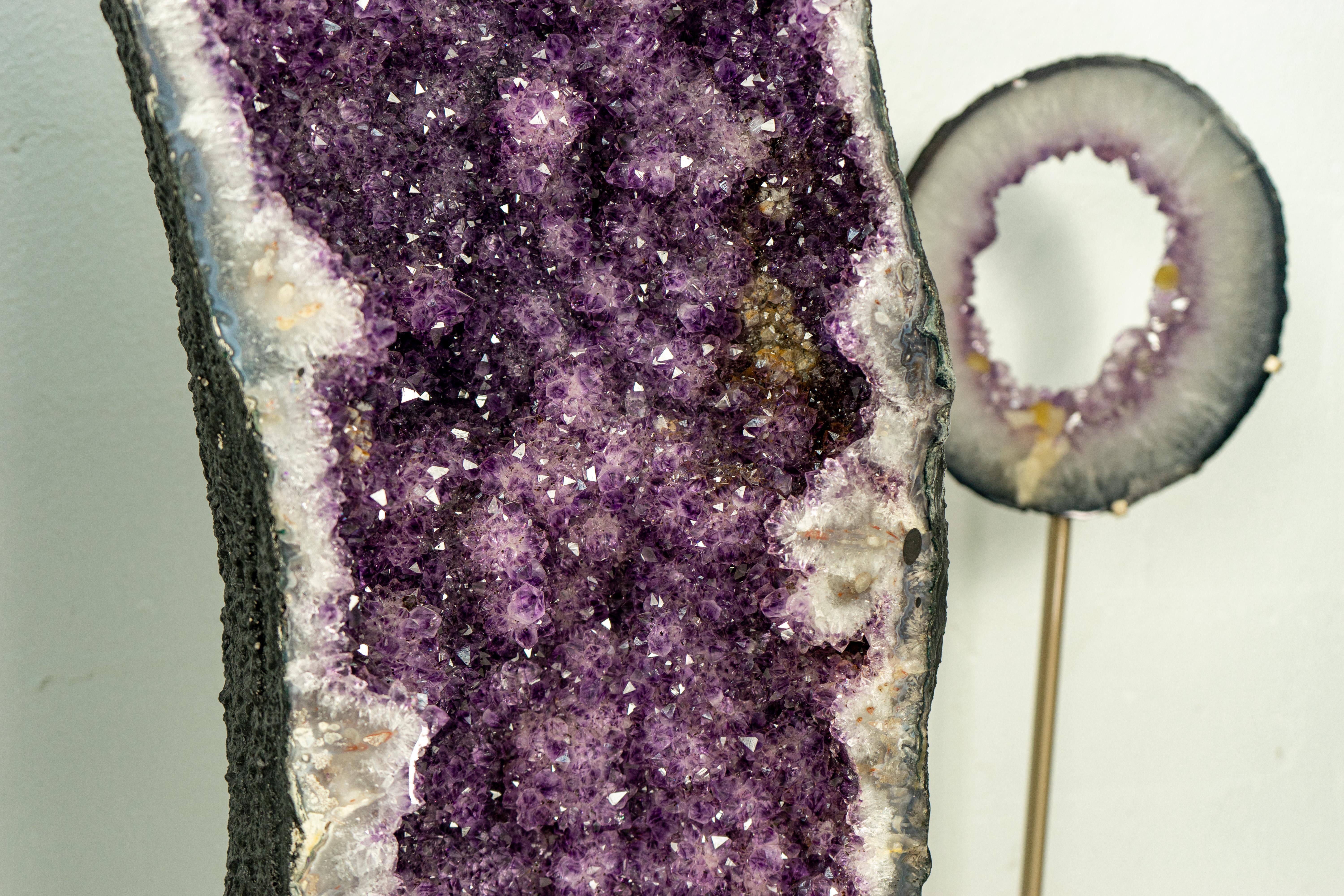 Pair of X-Tall Amethyst Cathedral Geodes with Rare Flower Rosettes For Sale 7