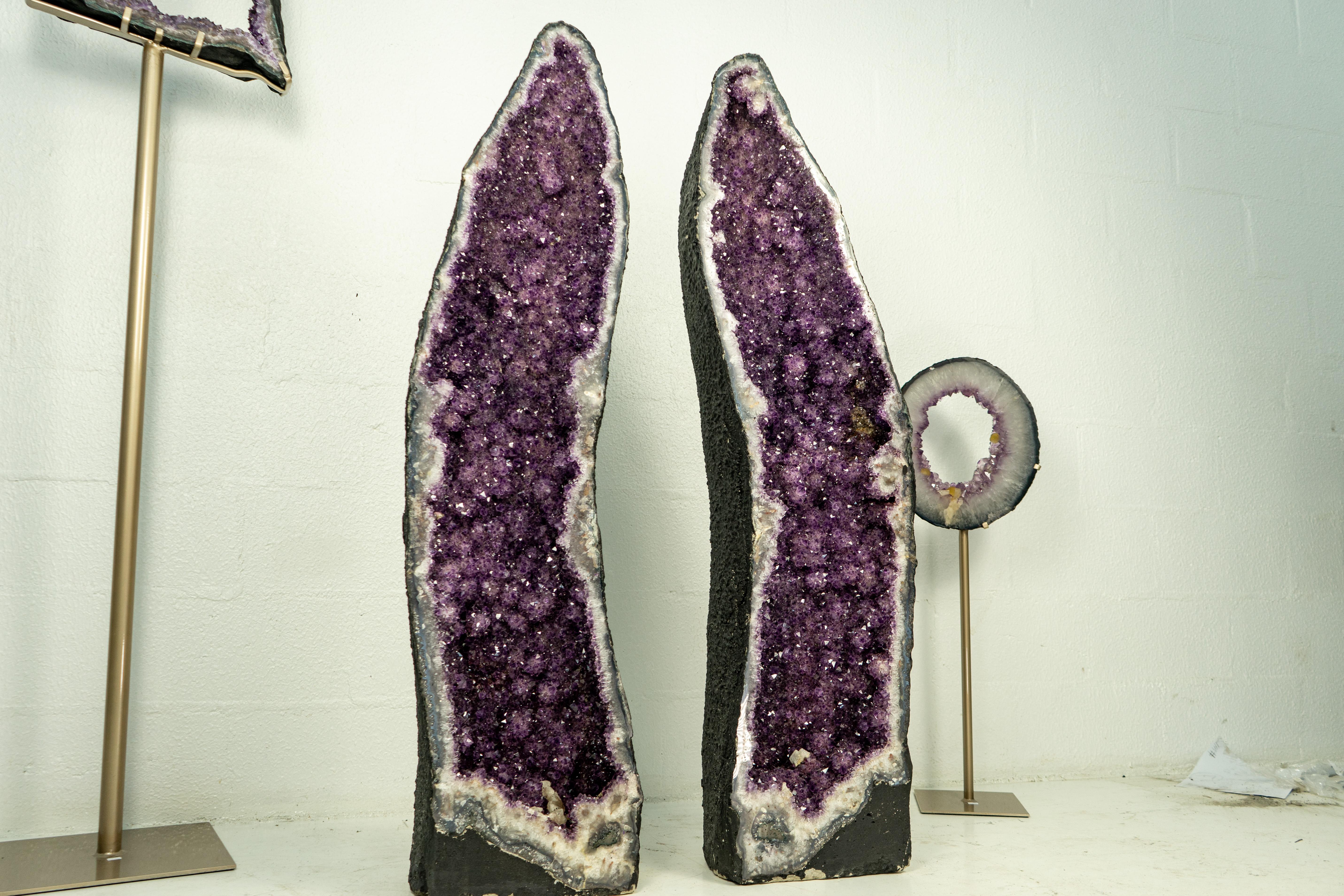 Brazilian Pair of X-Tall Amethyst Cathedral Geodes with Rare Flower Rosettes For Sale