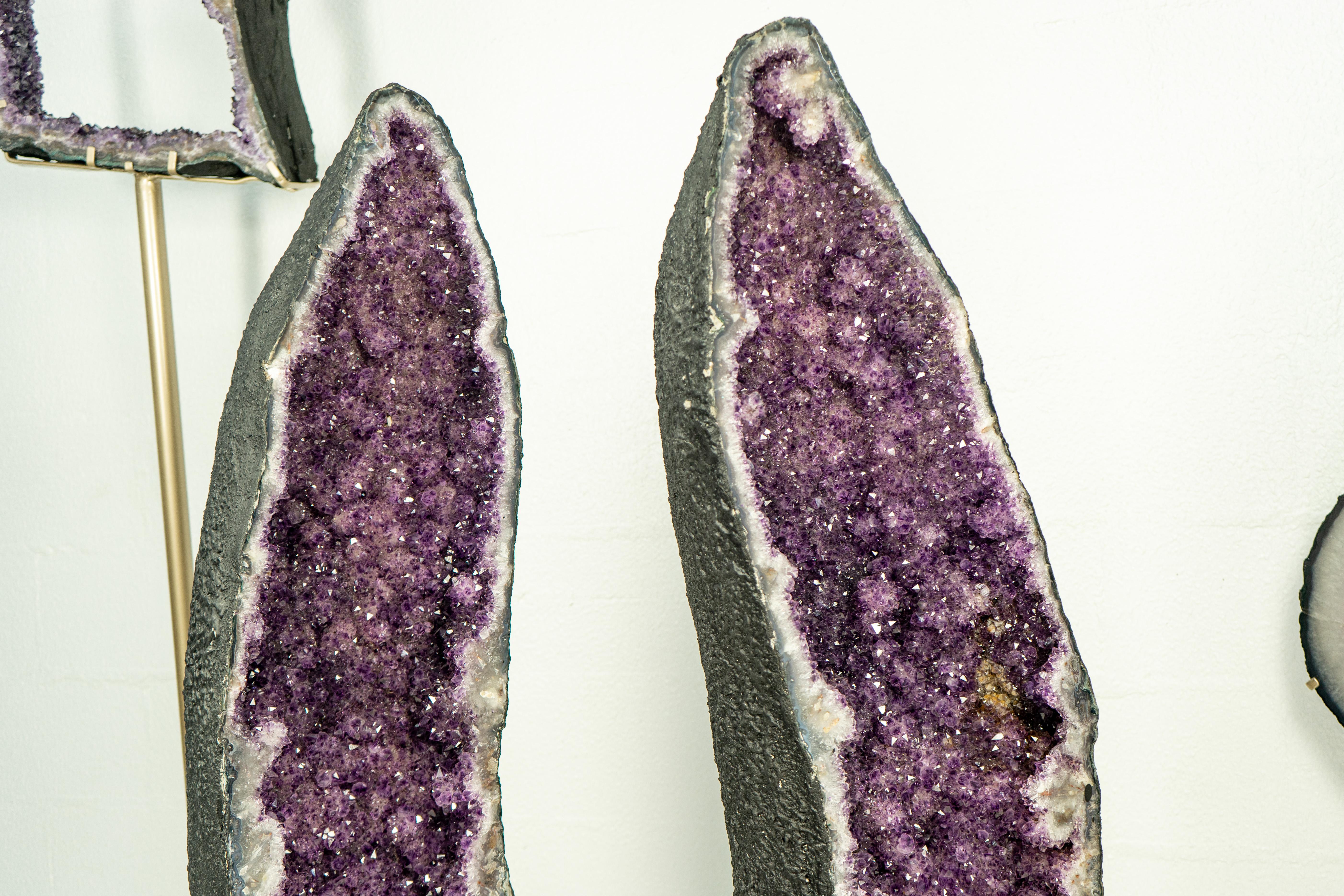 Contemporary Pair of X-Tall Amethyst Cathedral Geodes with Rare Flower Rosettes For Sale