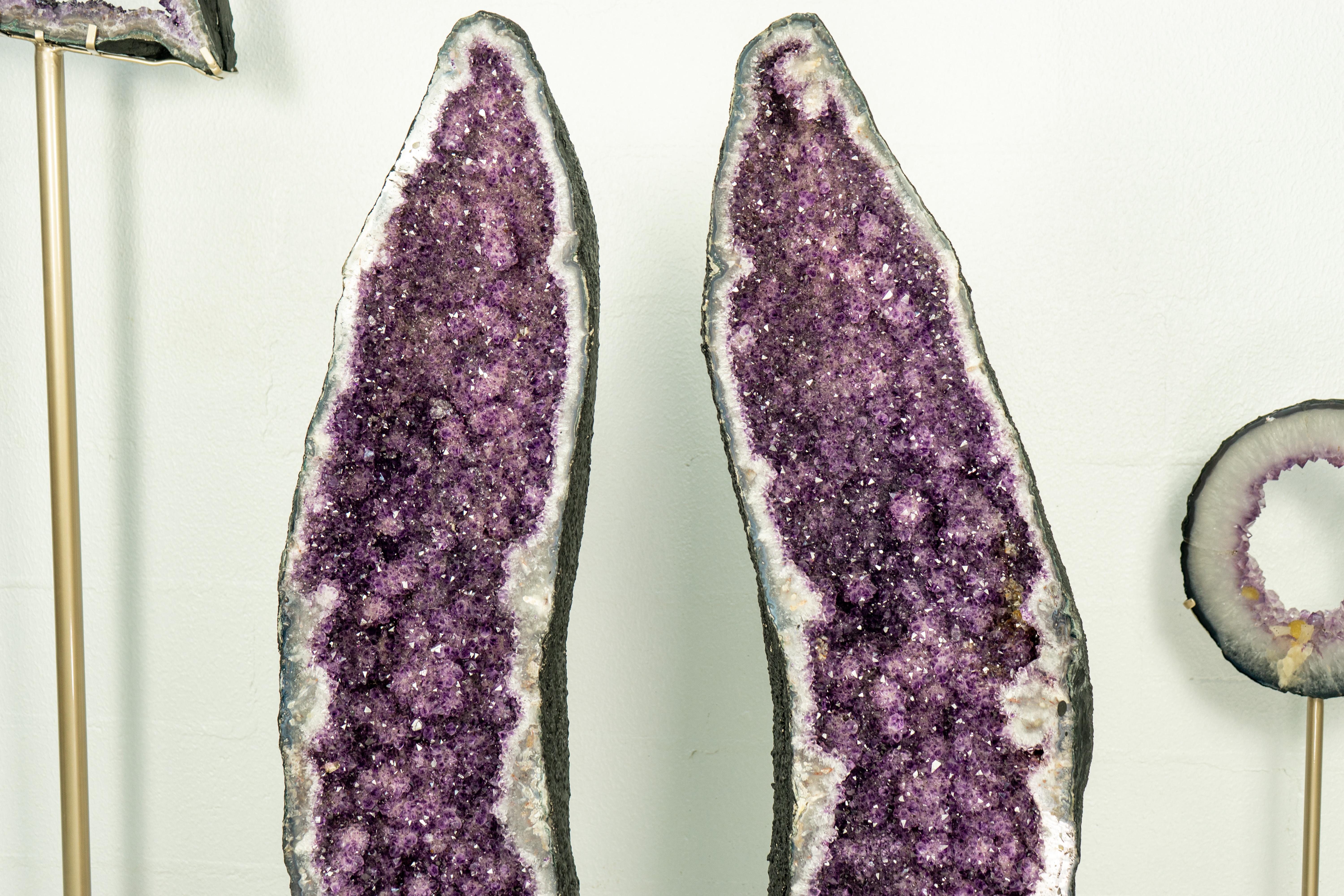 Pair of X-Tall Amethyst Cathedral Geodes with Rare Flower Rosettes For Sale 1