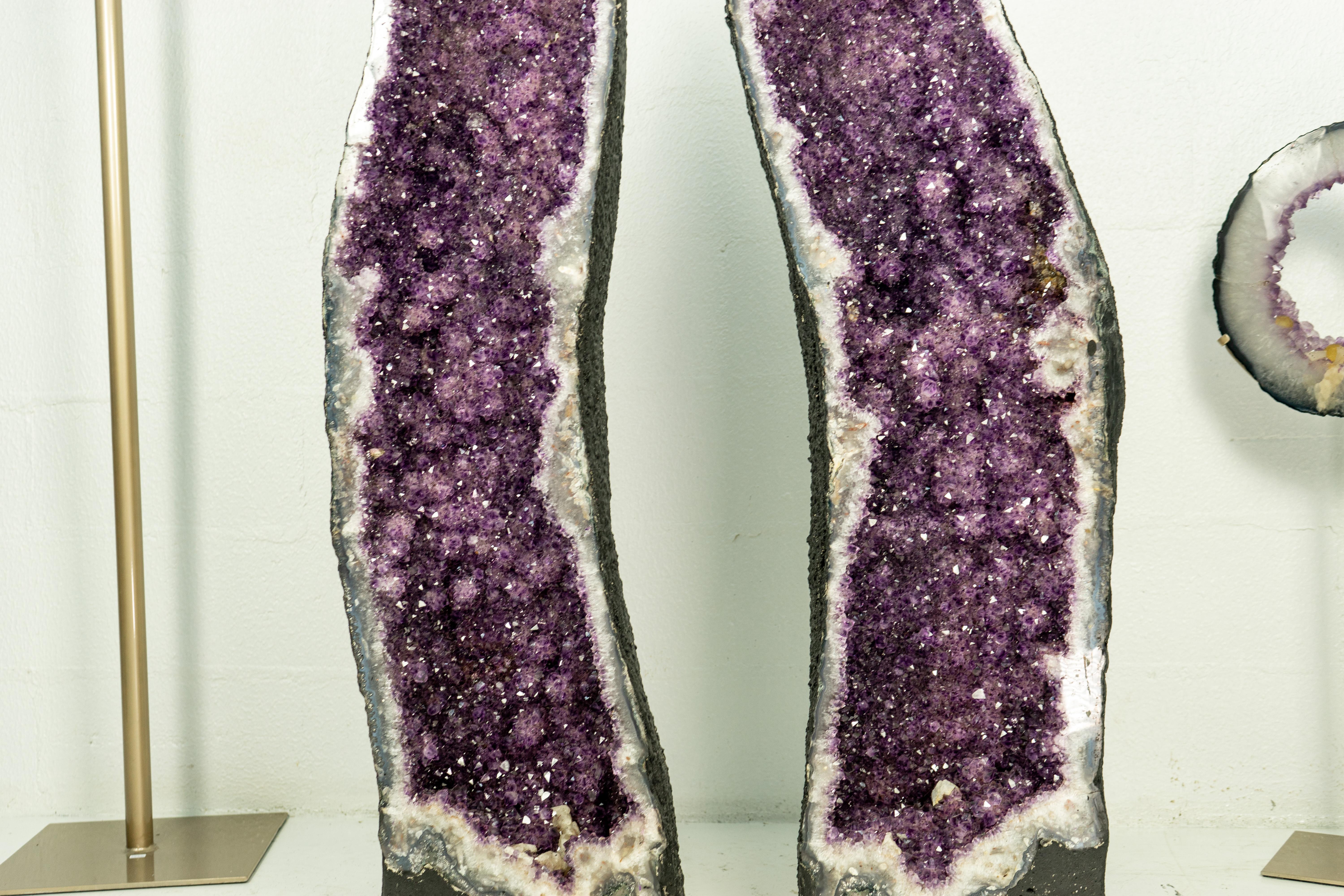 Pair of X-Tall Amethyst Cathedral Geodes with Rare Flower Rosettes For Sale 2
