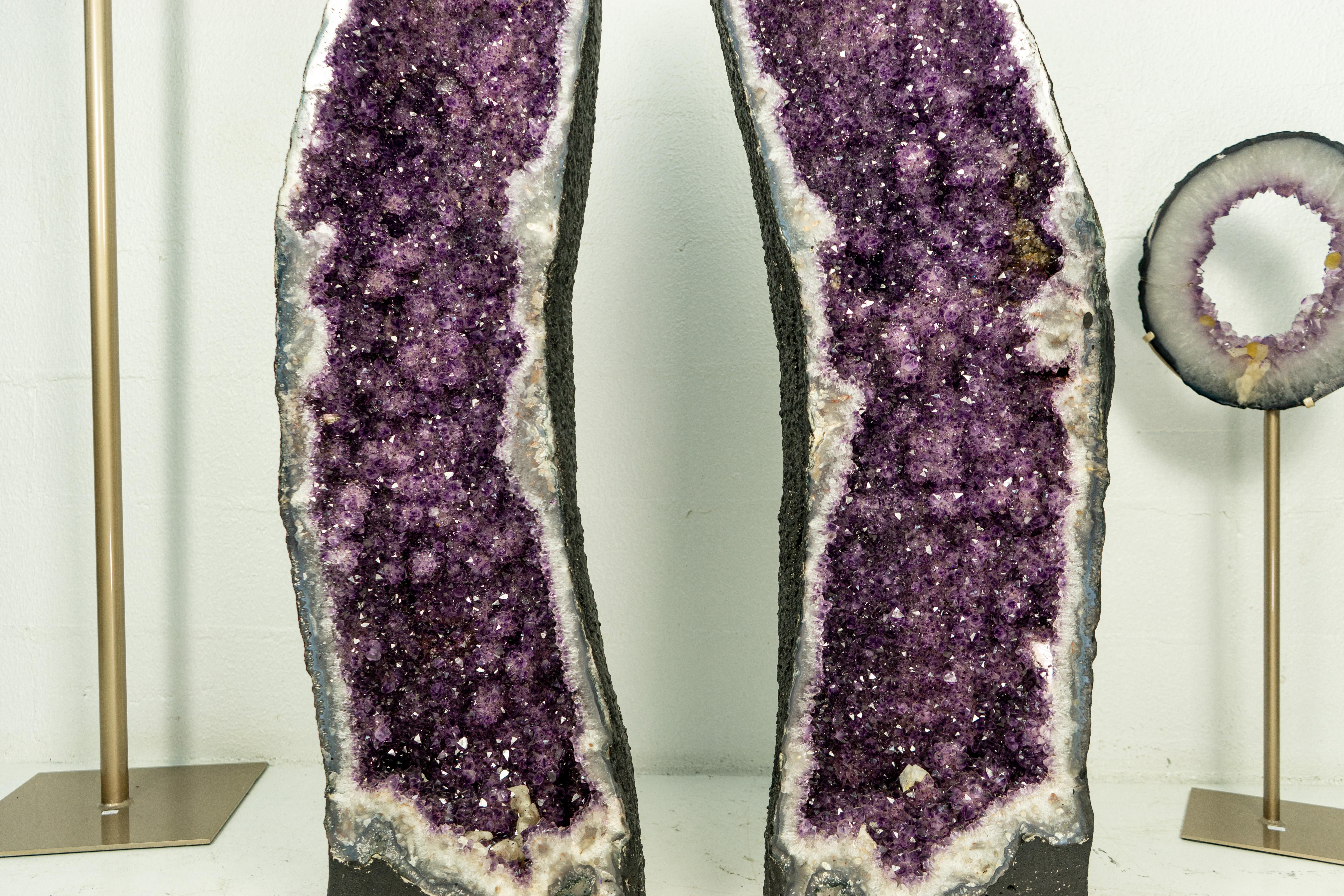 Pair of X-Tall Amethyst Cathedral Geodes with Rare Flower Rosettes For Sale 3