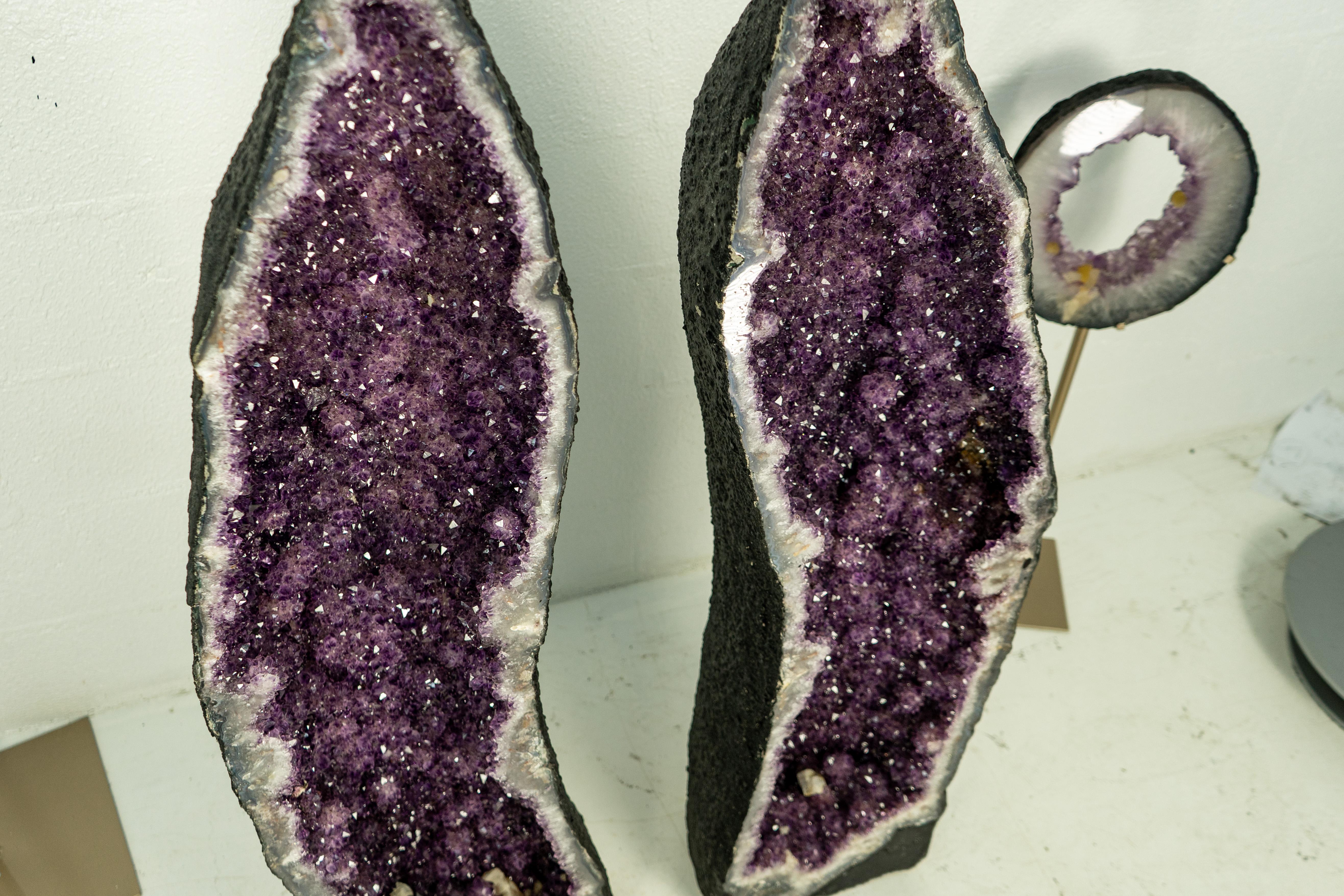 Pair of X-Tall Amethyst Cathedral Geodes with Rare Flower Rosettes For Sale 4