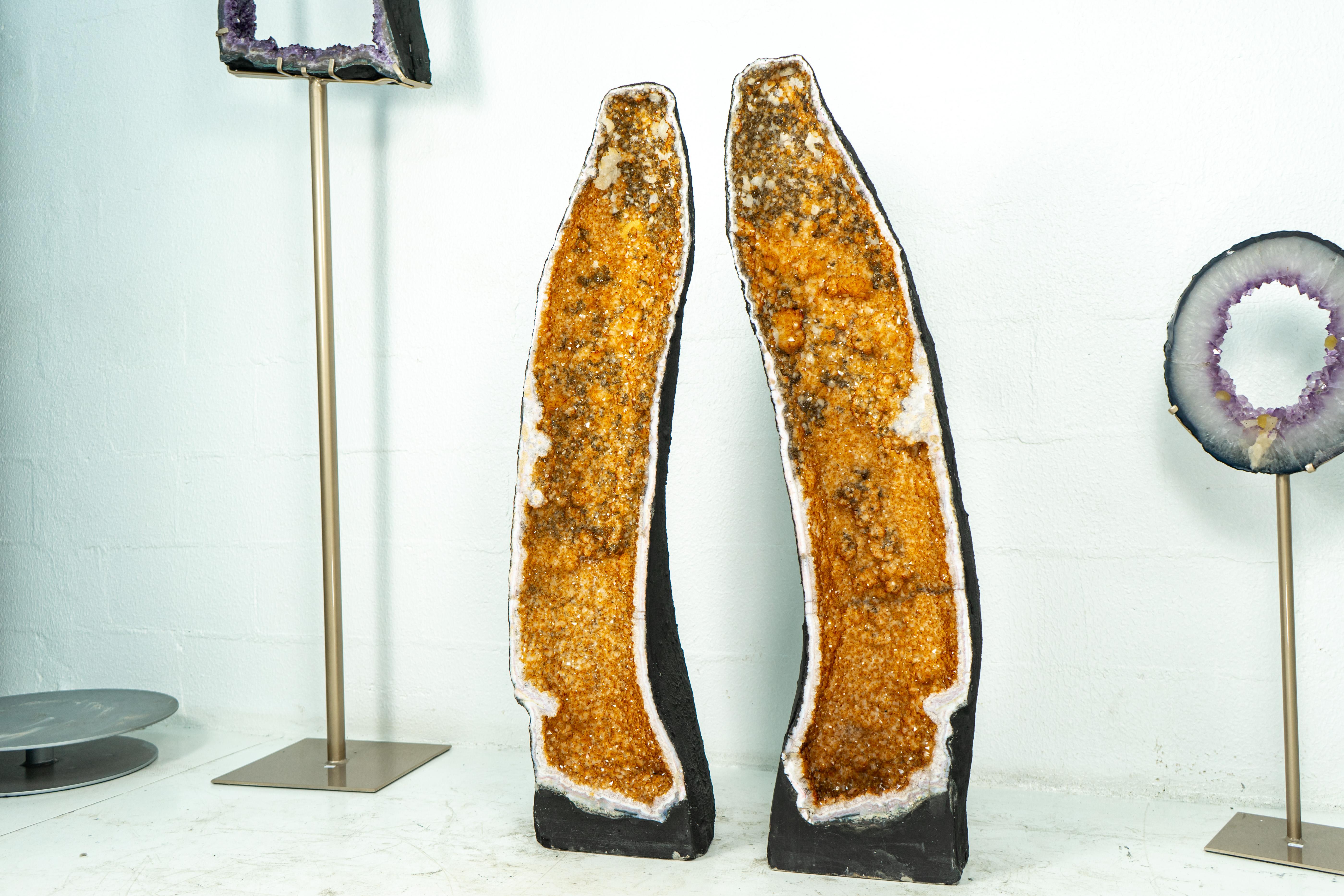 Contemporary Pair of X-Tall Book-Matching Yellow Citrine Geodes with Calcite For Sale