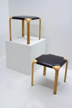 Pair of X601 Stools in Leather & Birch by Alvar Aalto