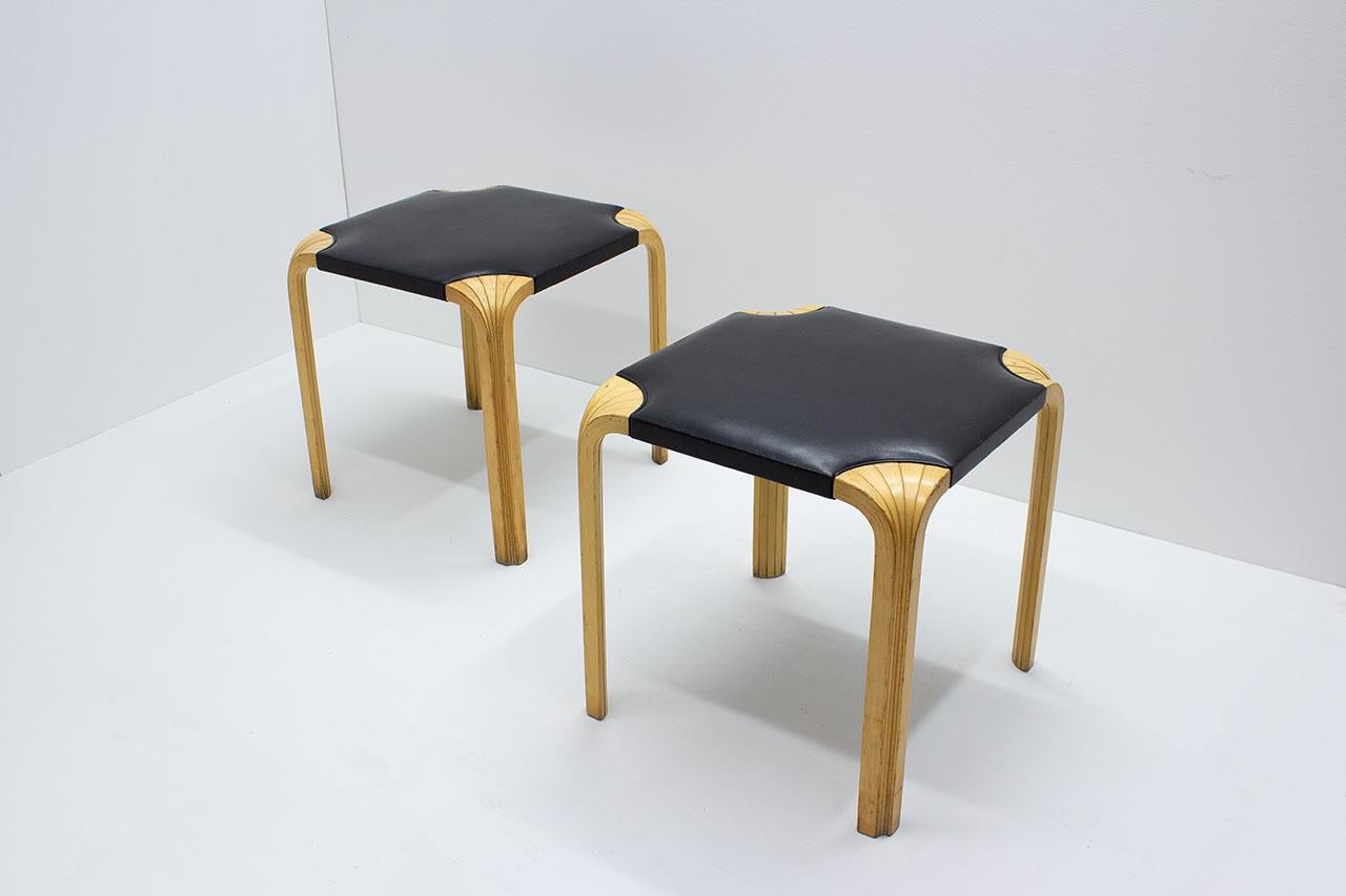 Finnish Pair of X601 Stools in Leather & Birch by Alvar Aalto For Sale