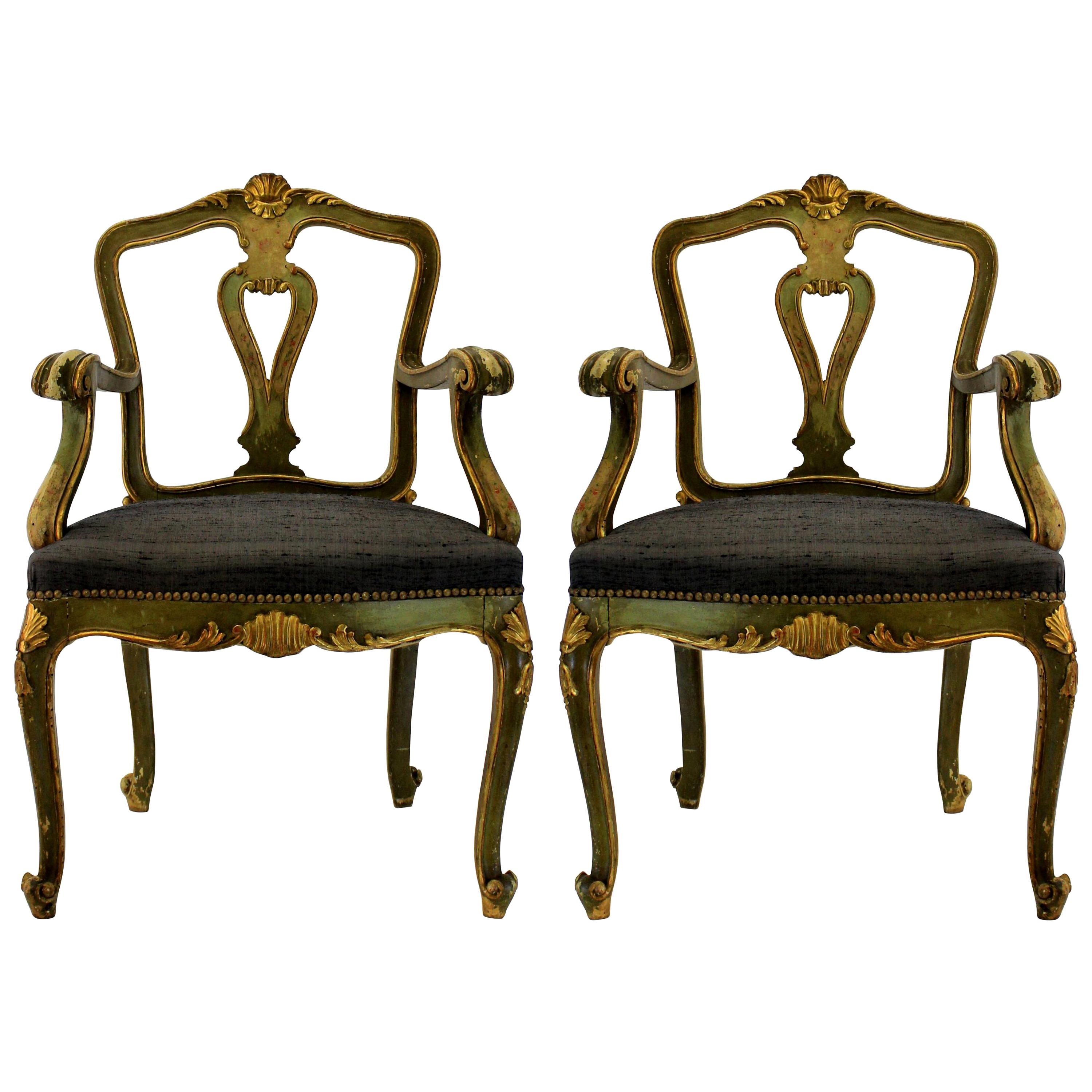 Pair of 19th Century Venetian Painted and Gilded Armchairs