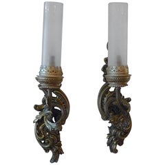 Pair of XIX One  Light Bronze Sconces with Frosted Glass Funnel like Shades