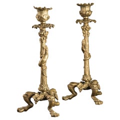 Pair of XIXth C. gilt bronze candlesticks with salamanders ITSO A-L Barye