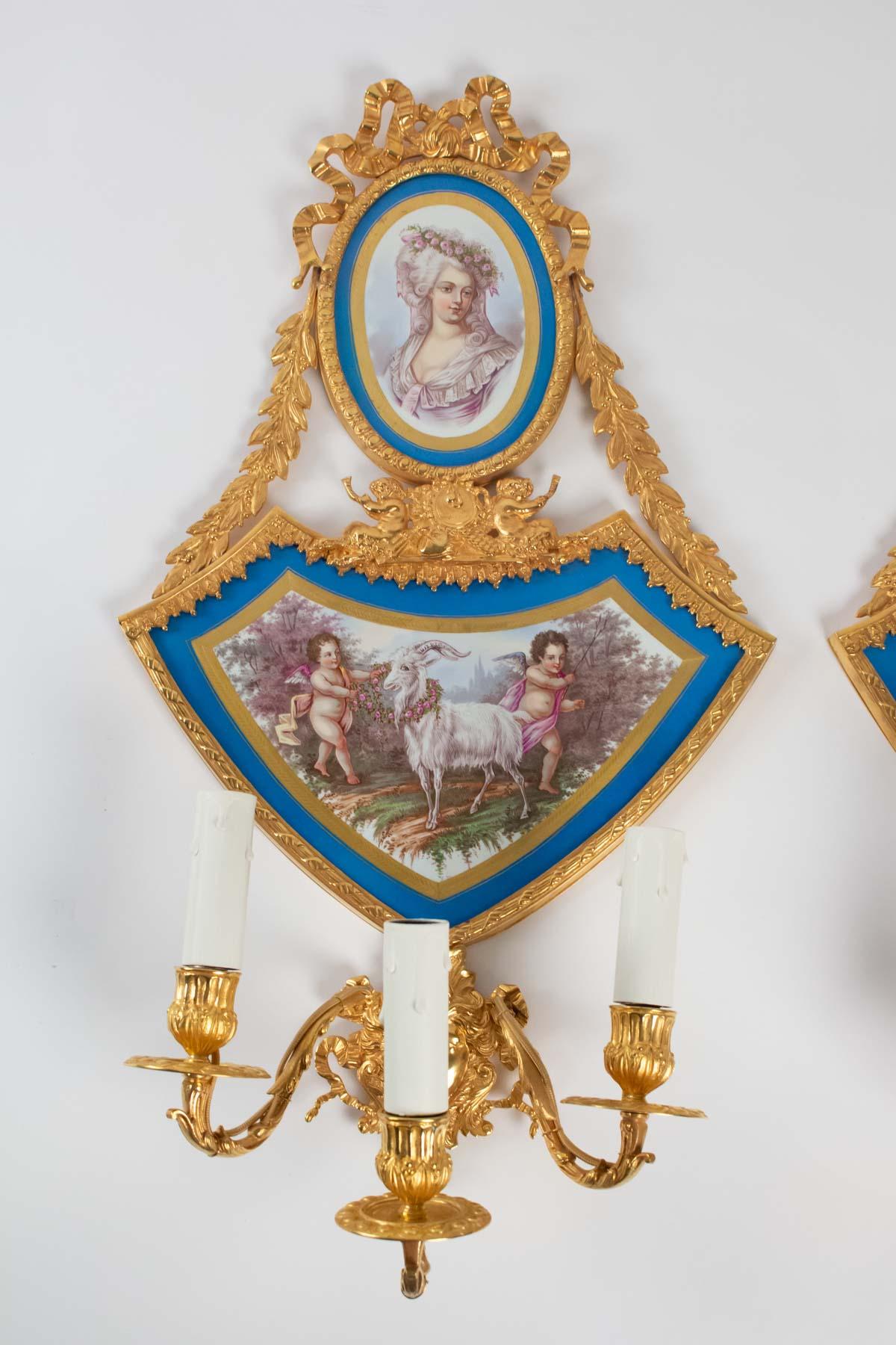 French Pair of 19th Century Sconces, Napoleon III Period, Gilt Bronze and Porcelain