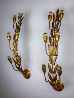 Pair of XL gilded Floral Wall Lights by Ferro Arte, Spain, 1960s