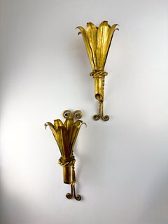 Pair of XL Gilt Metal Tulip Wall Sconces, France, 1960s