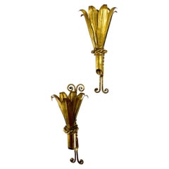 Pair of XL Gilt Metal Tulip Wall Sconces, France, 1960s