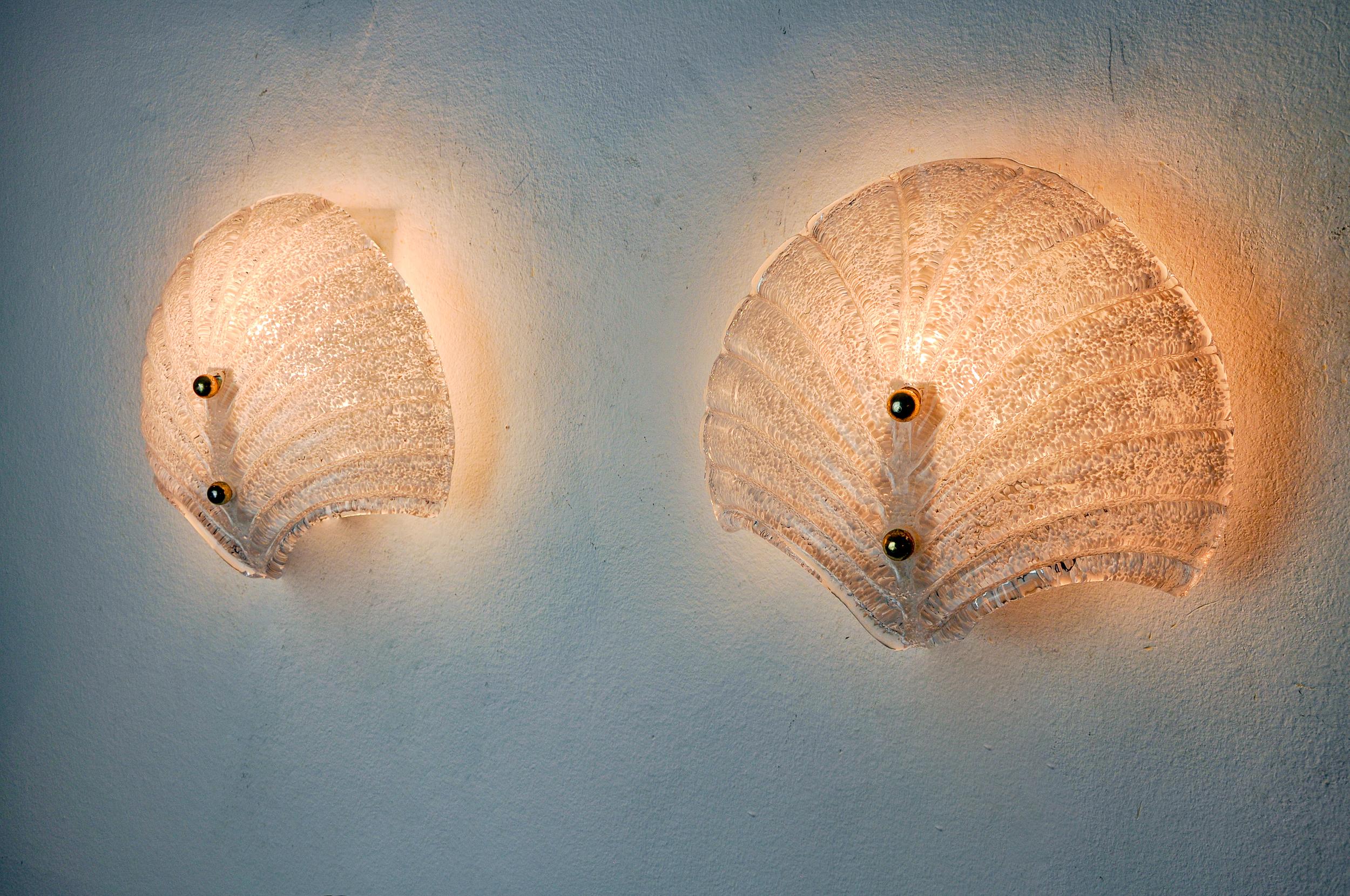 Superbe et grande paire d'appliques en forme de coquillage conçues et produites en Italie dans les années 1980. Appliques en forme de coquillage en verre Murano dépoli, soutenues par une structure métallique. Objet unique qui illuminera à merveille