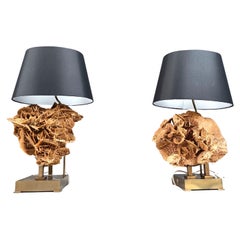 Vintage Pair of XL stone rose and brass table lamps, 1970s