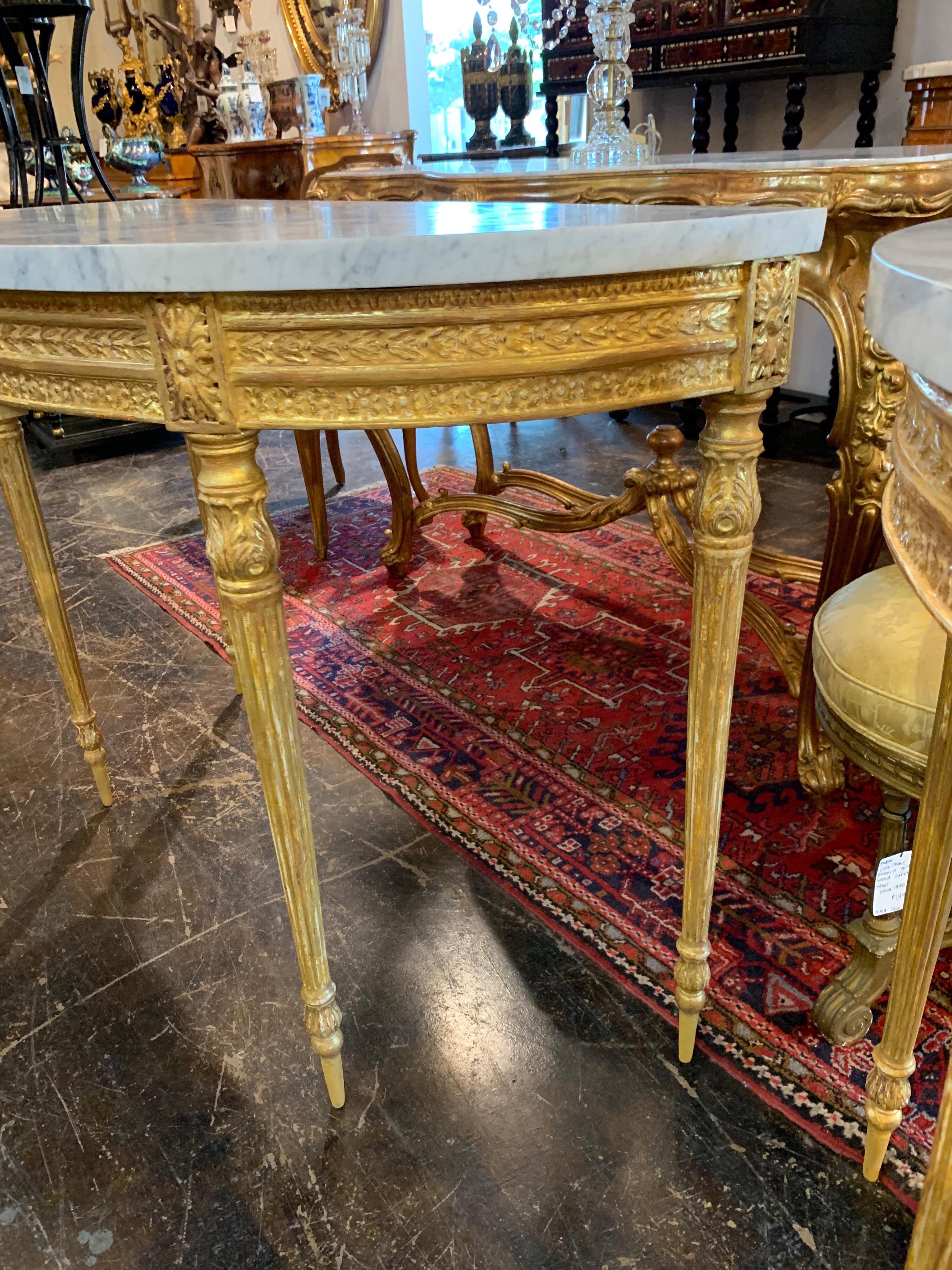 Amazing Louis XVI Style Carved Giltwood Demilune Consoles In Good Condition In Dallas, TX