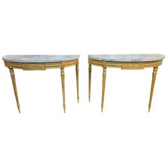 Amazing Louis XVI Style Carved Giltwood Demilune Consoles