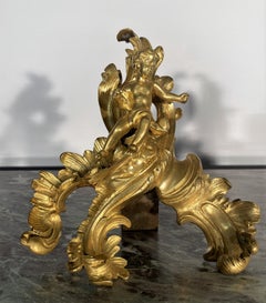 Pair of XVIIIème andirons with rockery decoration with putti in bronze.