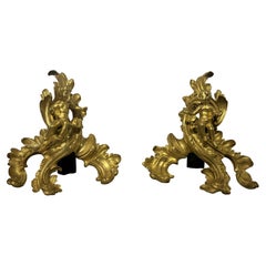 Pair of XVIIIème andirons with rockery decoration with putti in bronze. 