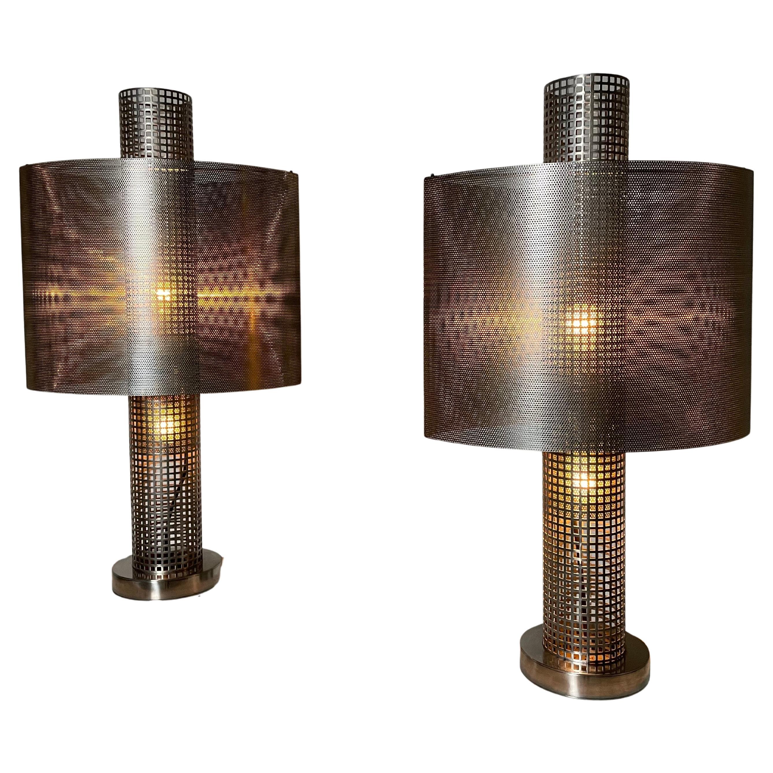 Pair of XXL 1980s Perforated Metal Lamps by SAS, France