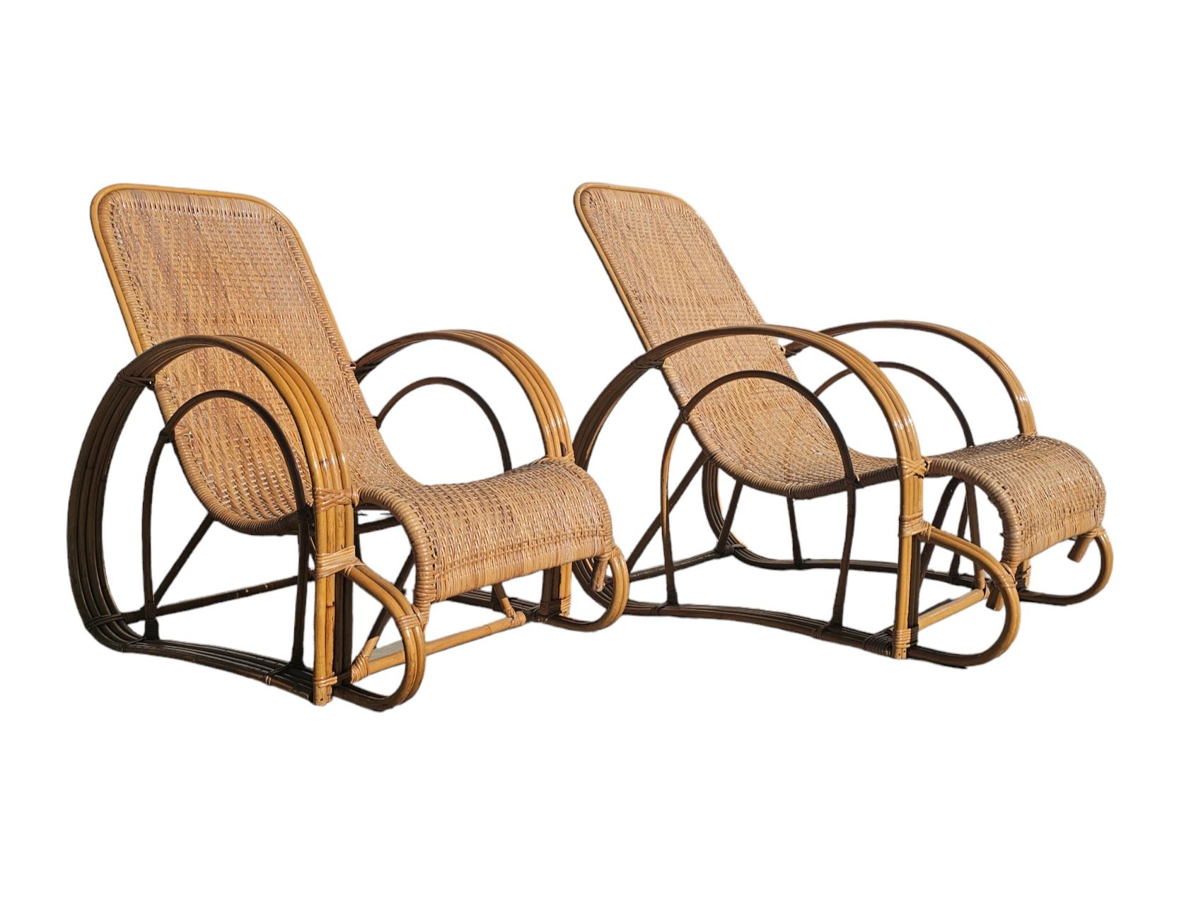Pair of XXL Mid Century Modern Bamboo and Rattan Lounger, Italy 1960s For Sale 9