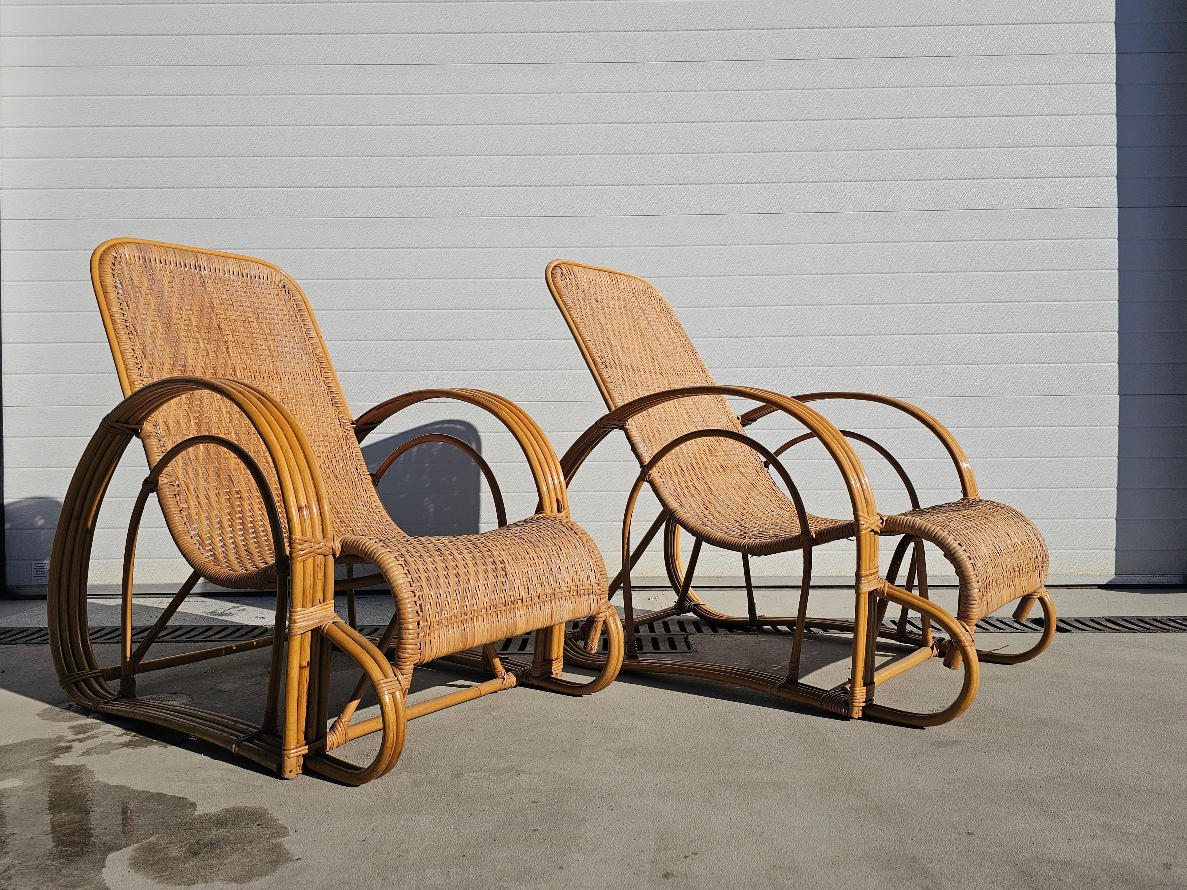 In this listing you will find a pair of absolutely stunning Mid Century Modern bamboo and rattan loungers. Their stunning design makes these loungers a real eye candy for all design lovers. Made in Italy in 1960s.

Loungers are in pretty good