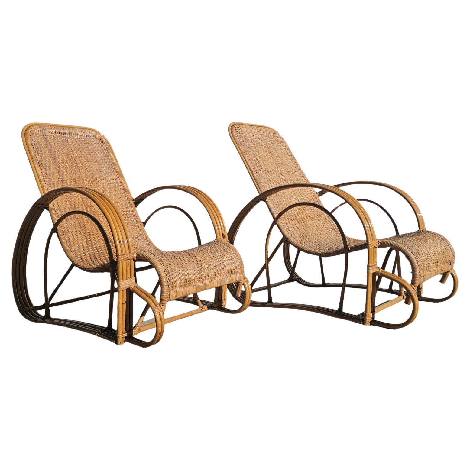 Paire de fauteuils XXL modernes du milieu du siècle dernier en bambou et rotin, Italie, années 1960
