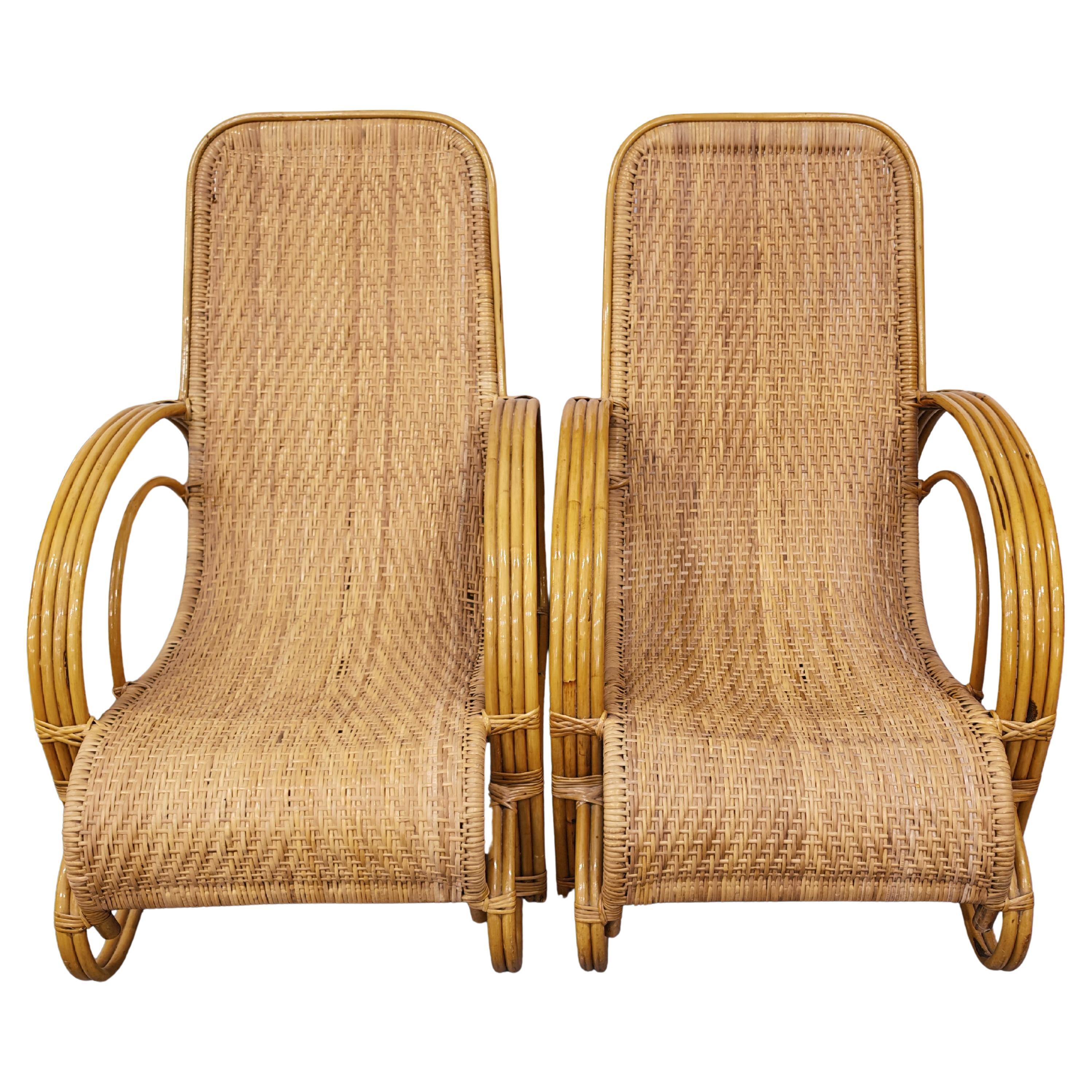 Paire de fauteuils XXL modernes du milieu du siècle dernier en bambou et rotin, Italie, années 1960