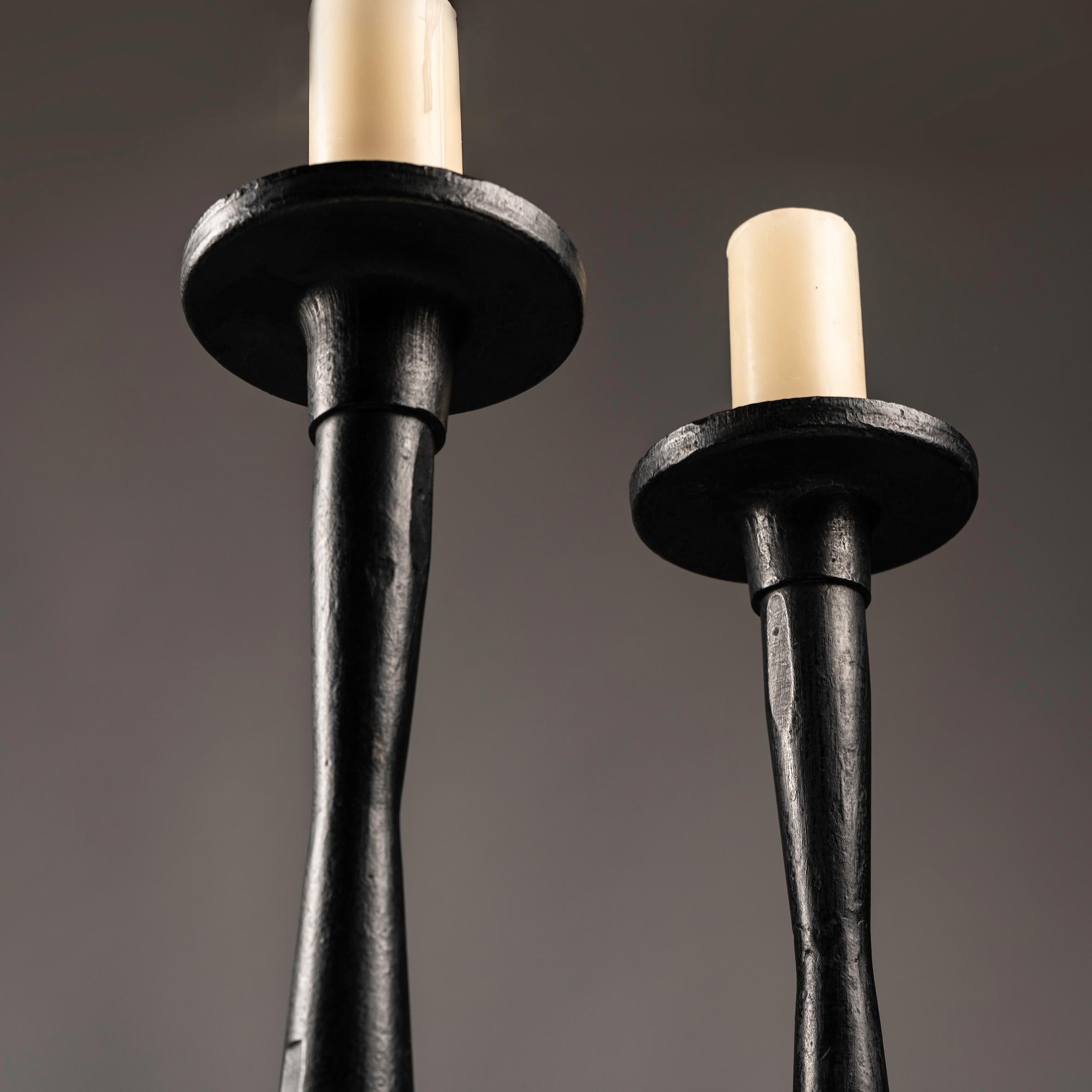 Mid-20th Century Pair of  XXL Wrought Iron Art Deco Candleholders Circa 1940 For Sale